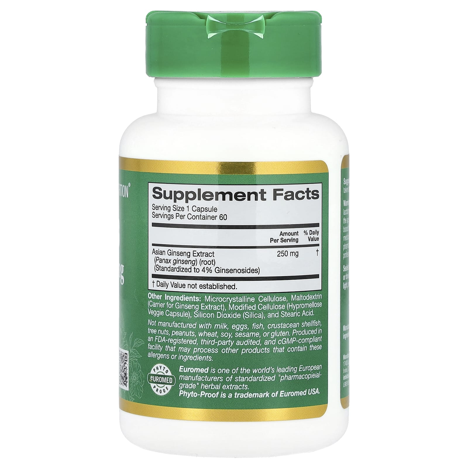 California Gold Nutrition, EuroHerbs™, Panax Ginseng Extract, Euromed Quality, 250 mg, 60 Veggie Capsules