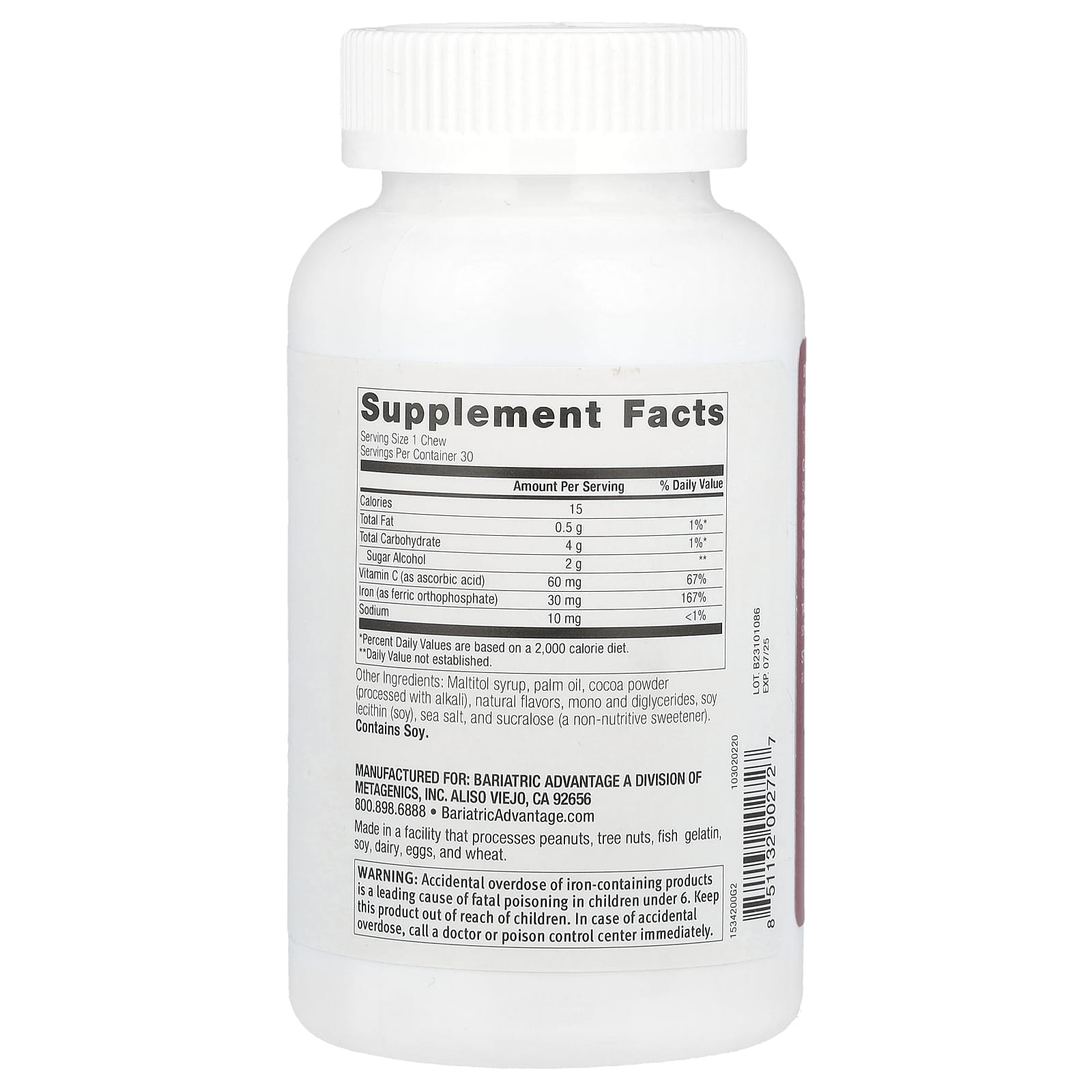 Bariatric Advantage, Chewy Bite Iron with Vitamin C, Chocolate Raspberry, 30 Soft Chews