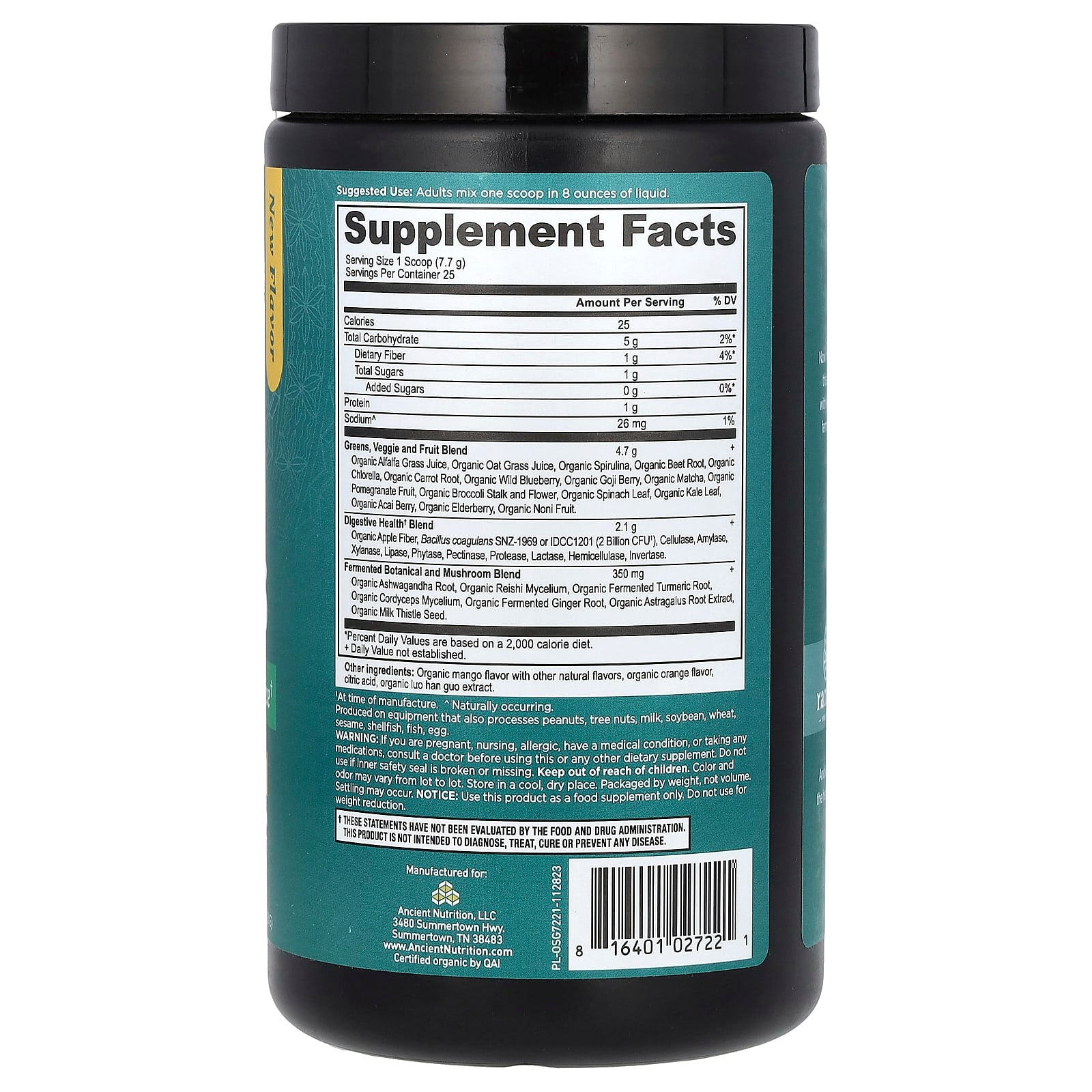 Ancient Nutrition, Organic SuperGreens, Mango, 6.8 oz (192.8 g)