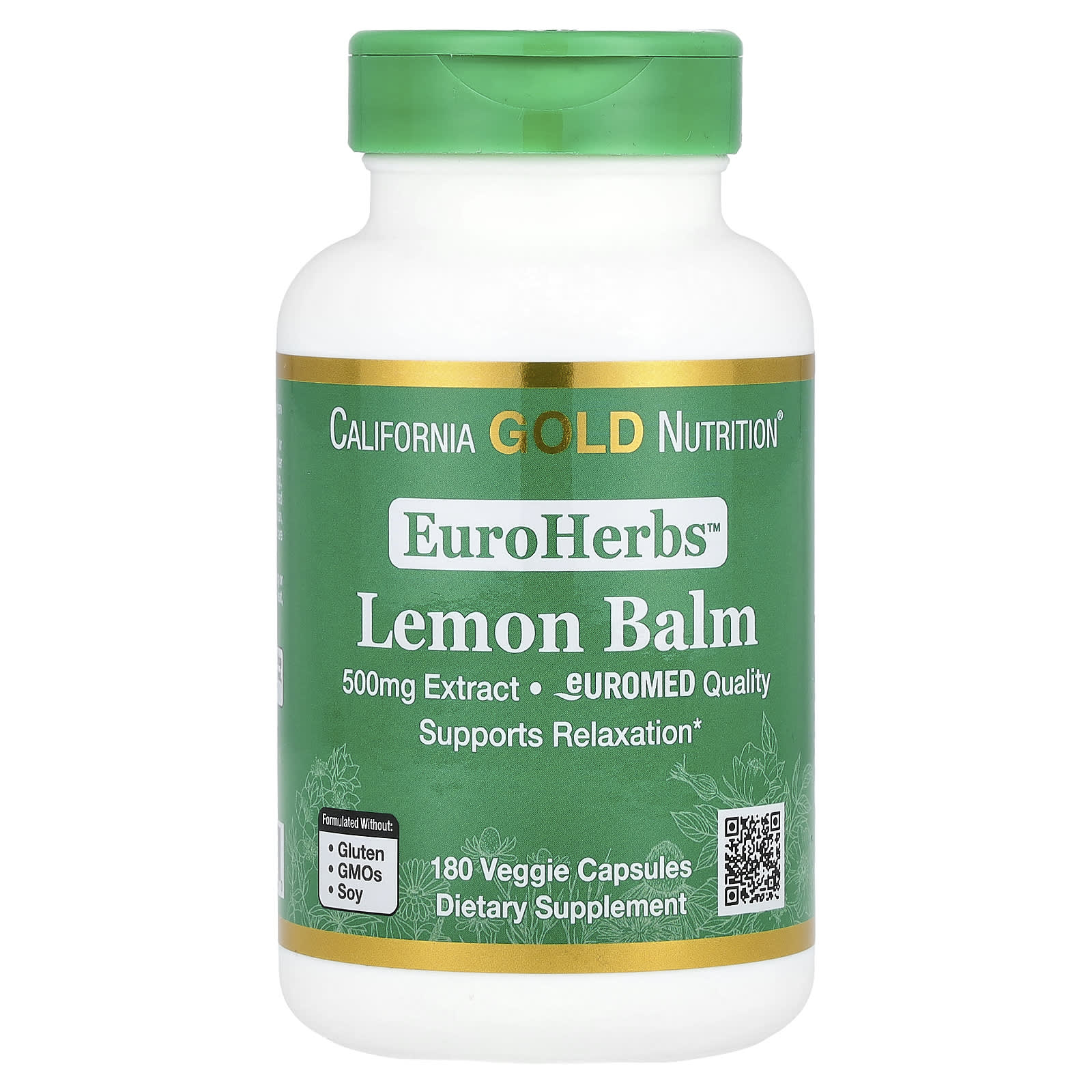 California Gold Nutrition, EuroHerbs™, Lemon Balm Extract, Euromed Quality, 500 mg, 180 Veggie Capsules