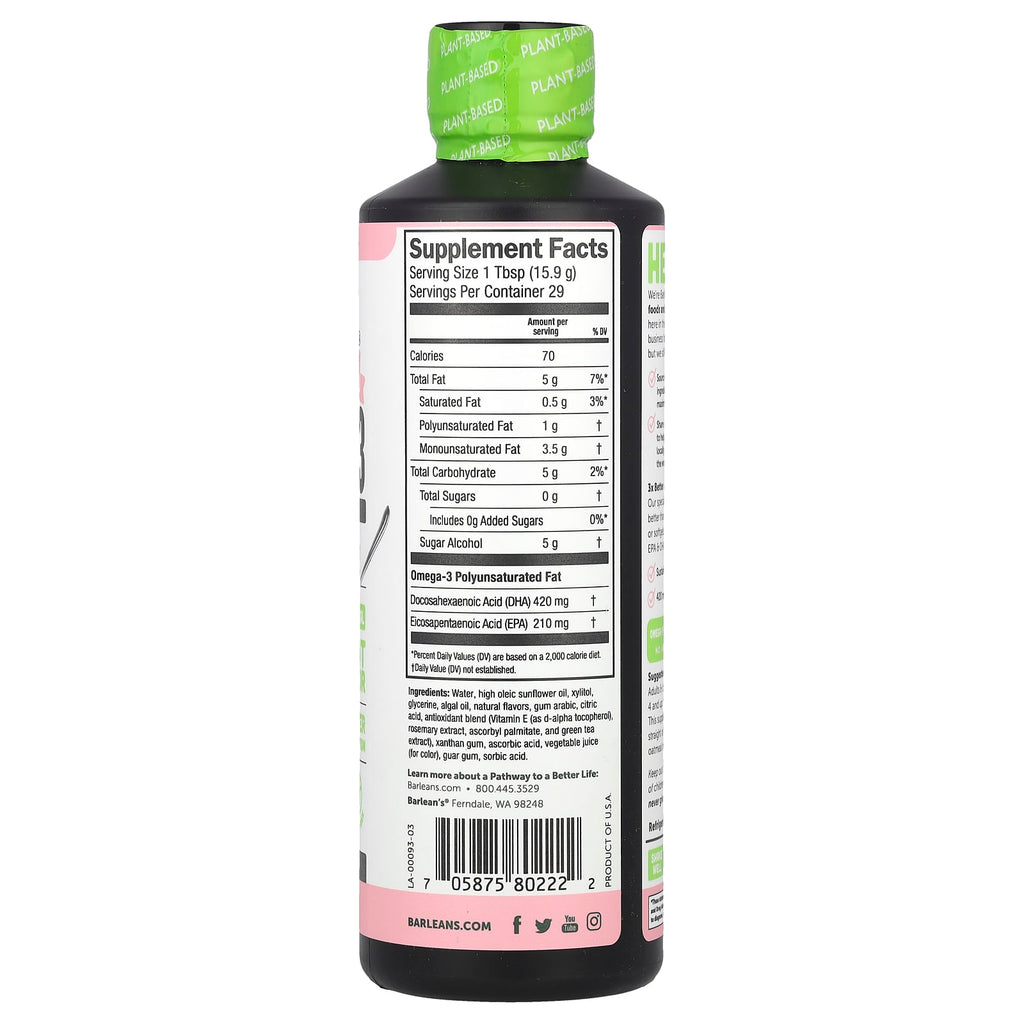 Barlean's, Seriously Delicious®, Plant Based Omega-3 From Algae Oil, Pink Lemonade, 630 mg, 16 oz (454 g)