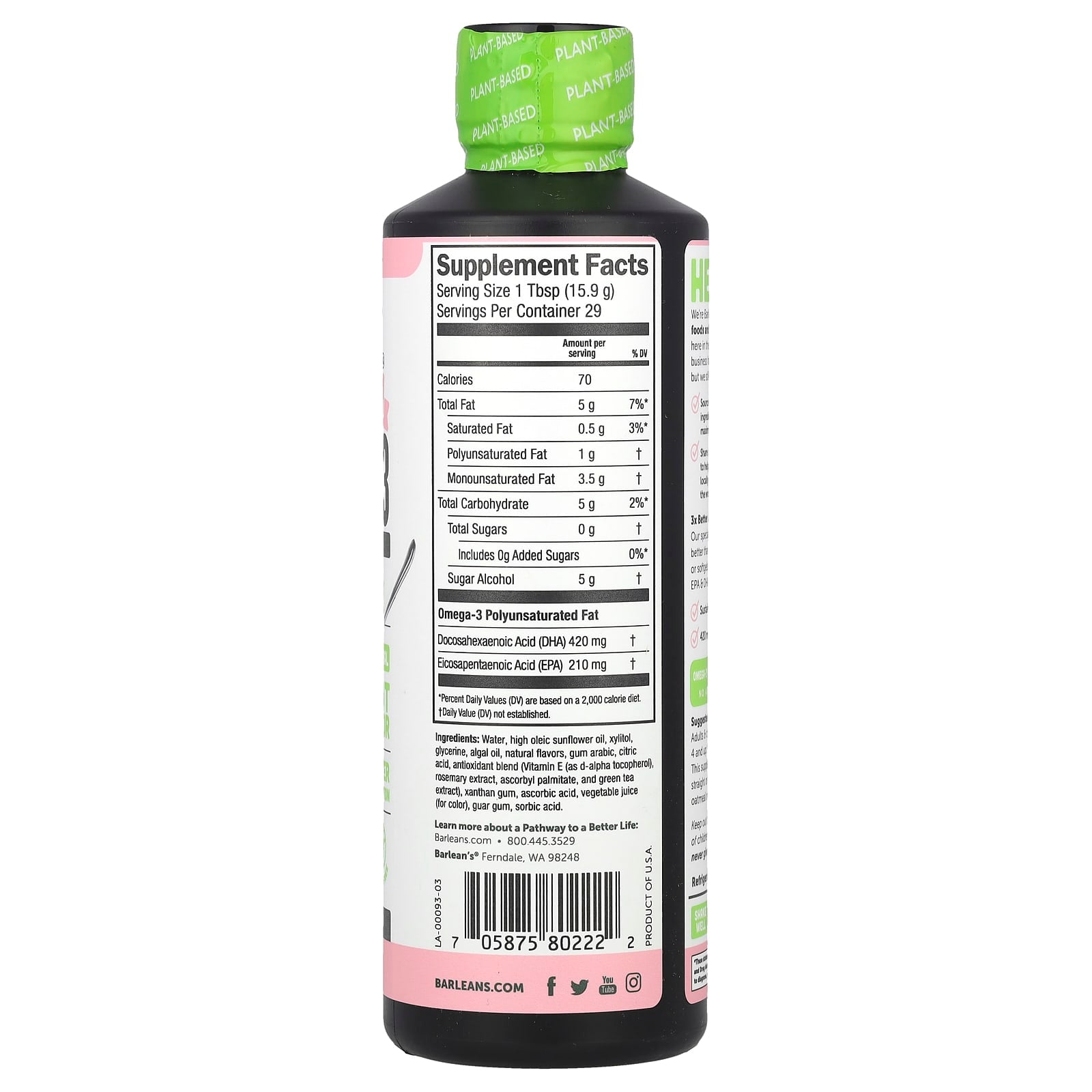 Barlean's, Seriously Delicious®, Plant Based Omega-3 From Algae Oil, Pink Lemonade, 630 mg, 16 oz (454 g)