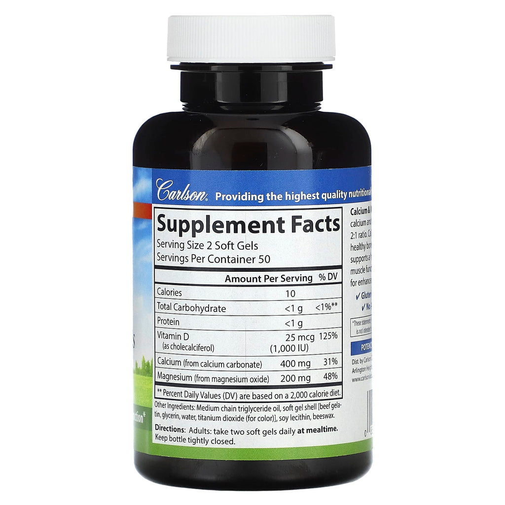 Carlson, Calcium & Magnesium Gels with Vitamin D3, 100 Soft Gels