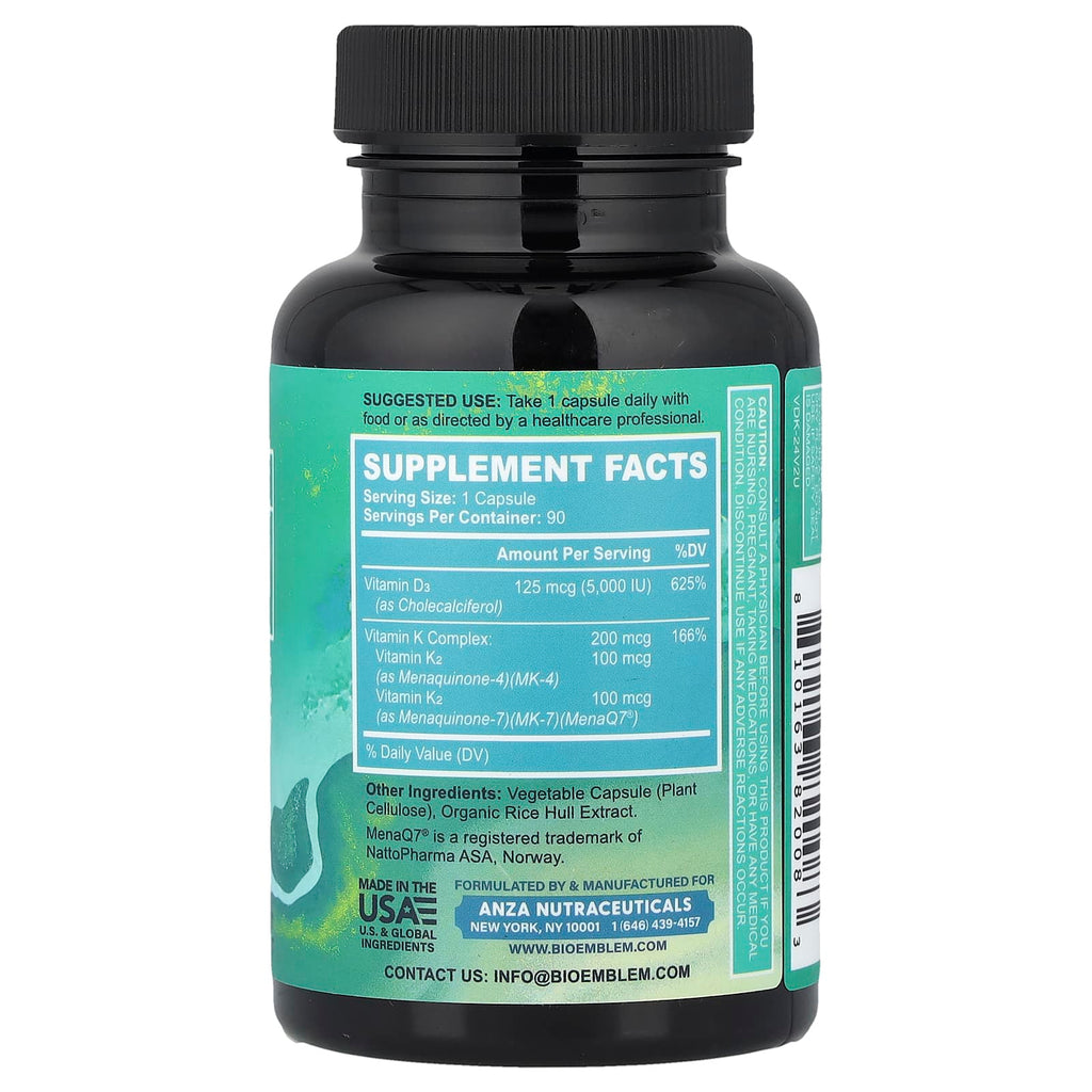 BioEmblem, Vitamin D3 + K2, 90 Veggie Caps