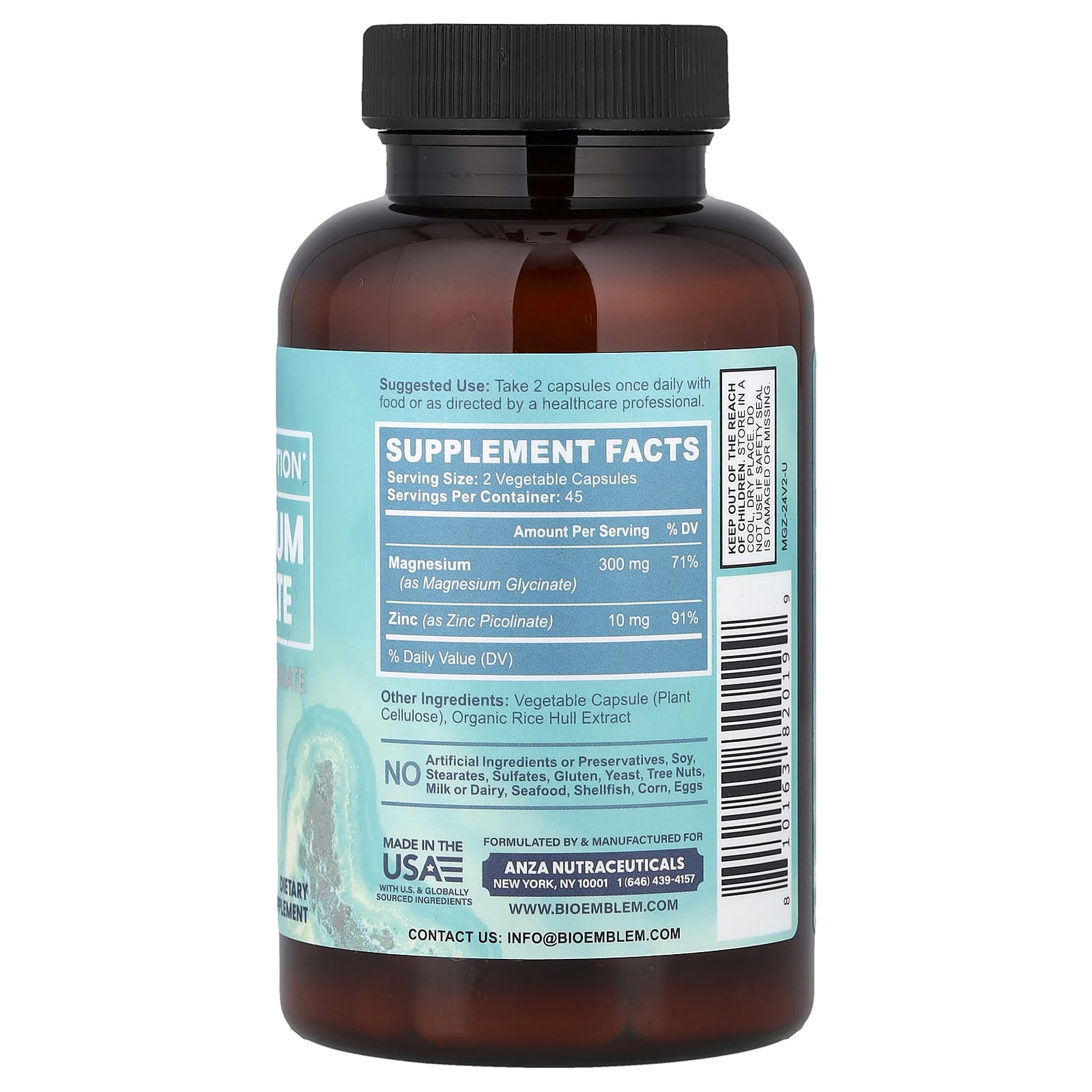 BioEmblem, Magnesium Glycinate with Zinc Picolinate, 90 Veggie Caps