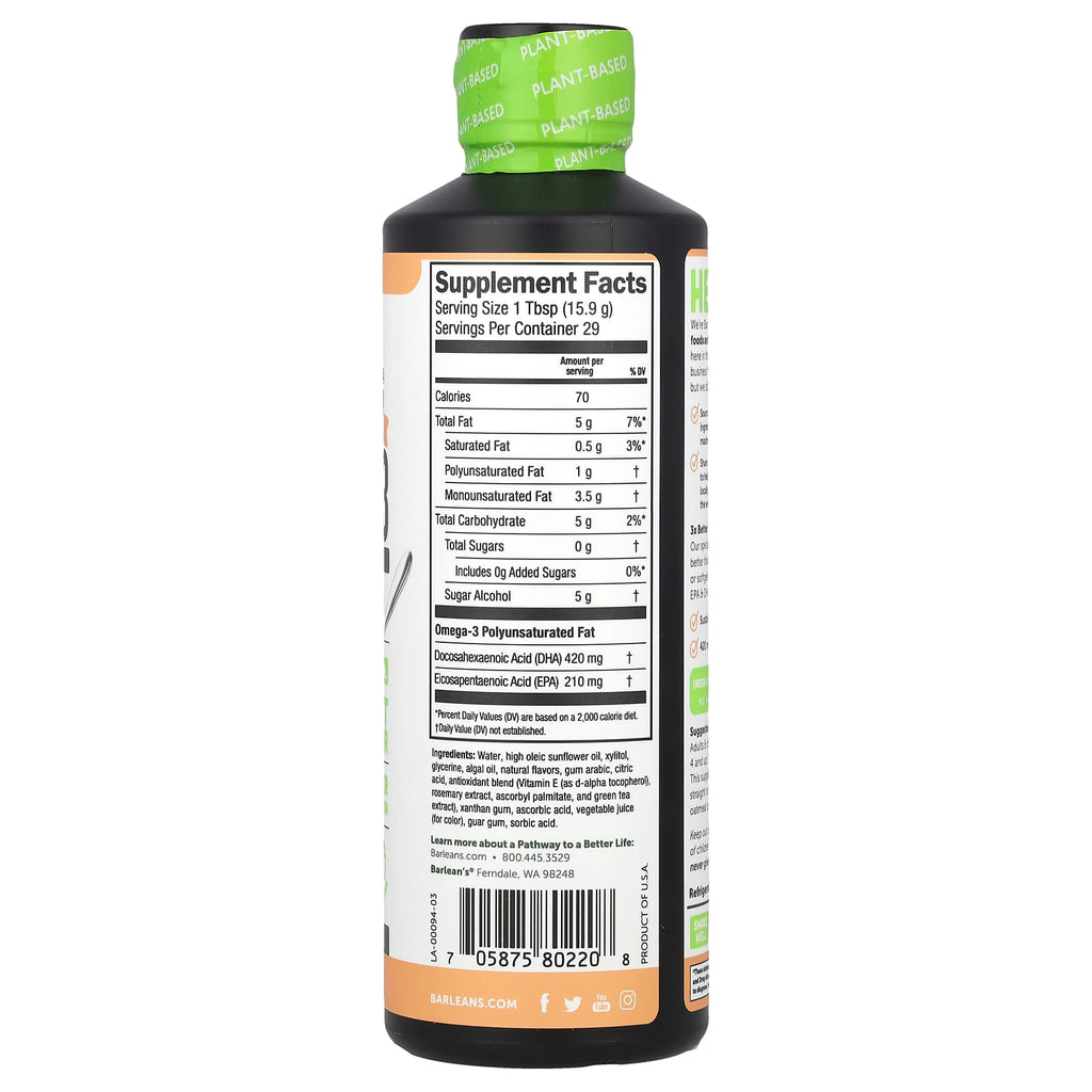 Barlean's, Seriously Delicious®, Plant Based Omega-3 From Algae Oil, Ginger Peach, 630 mg, 16 oz (454 g)