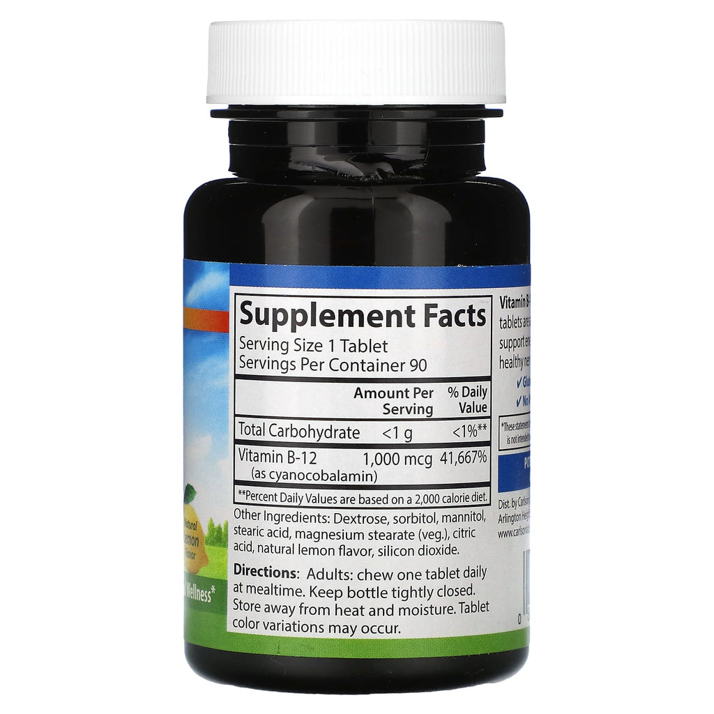 Carlson, Chewable Vitamin B-12, Lemon, 1,000 mcg, 90 Tablets