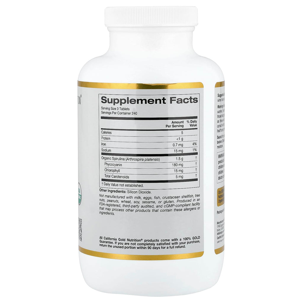 California Gold Nutrition, Organic Spirulina with Phycocyanin, Chlorophyll, and Carotenoids, 720 Tablets