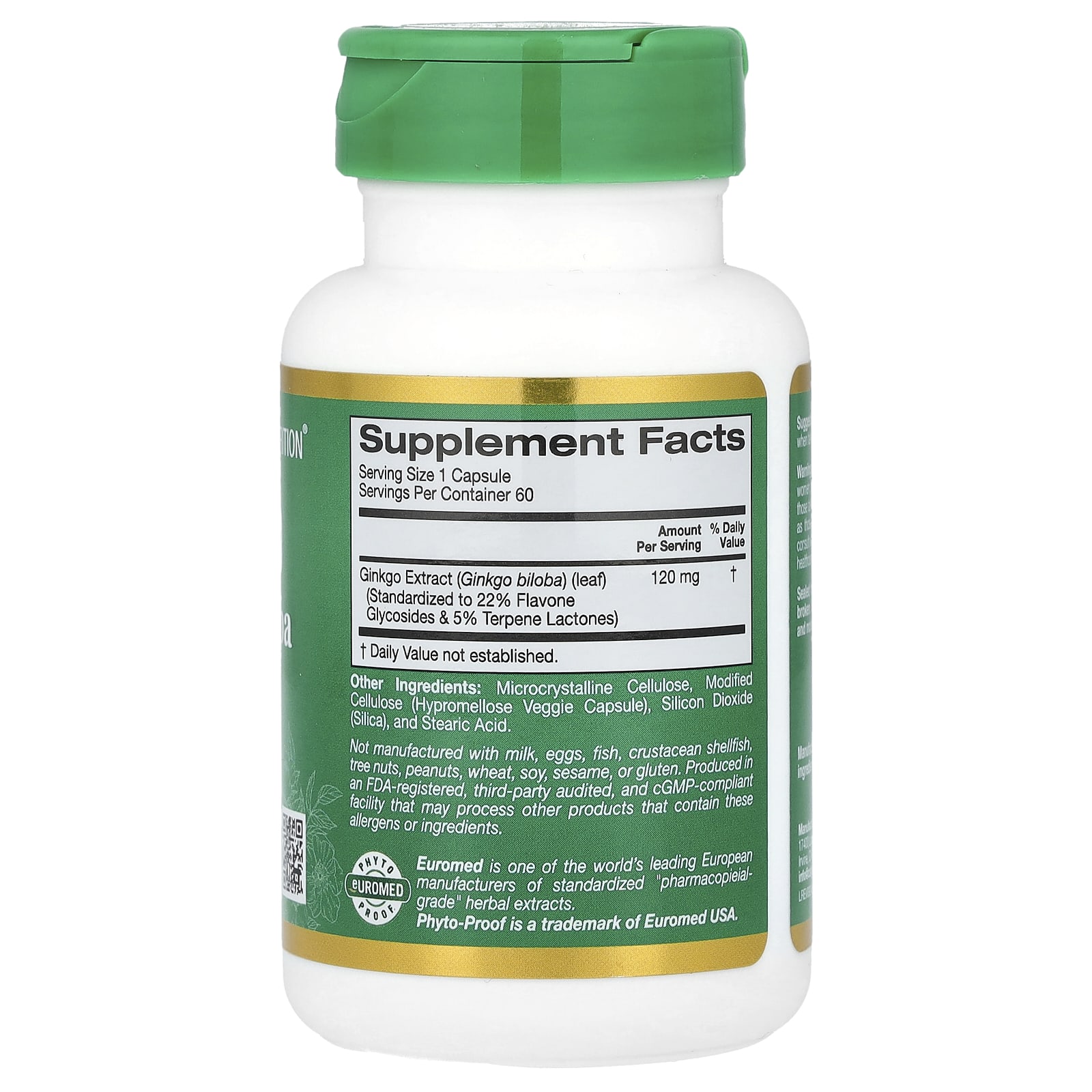 California Gold Nutrition, EuroHerbs™, Ginkgo Biloba Extract, Euromed Quality, 120 mg, 60 Veggie Capsules