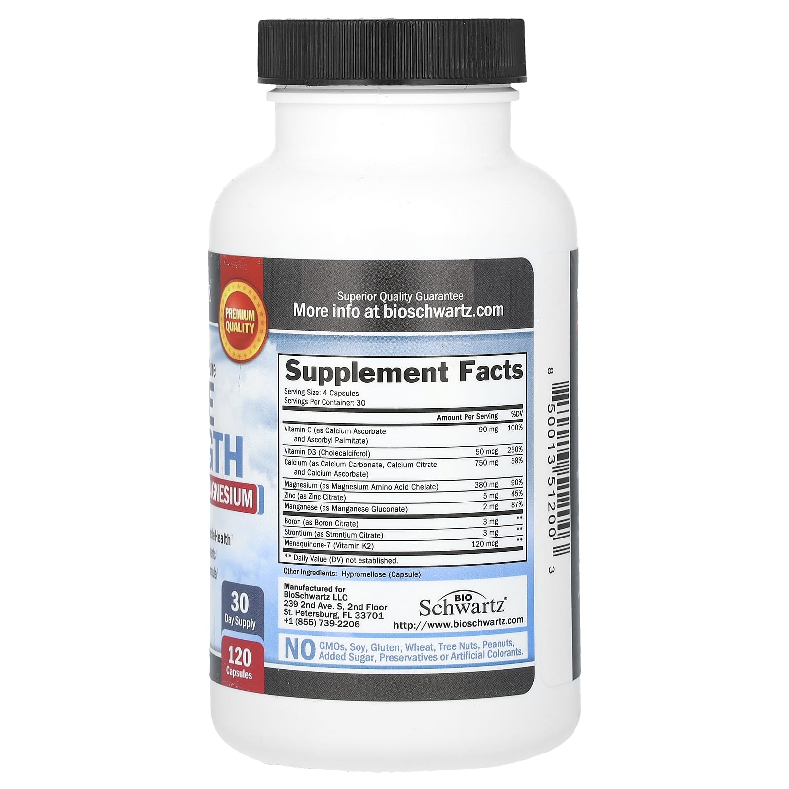 BioSchwartz, Premium Ultra Pure Bone Strength, Calcium + D3, K2 & Magnesium, 120 Capsules