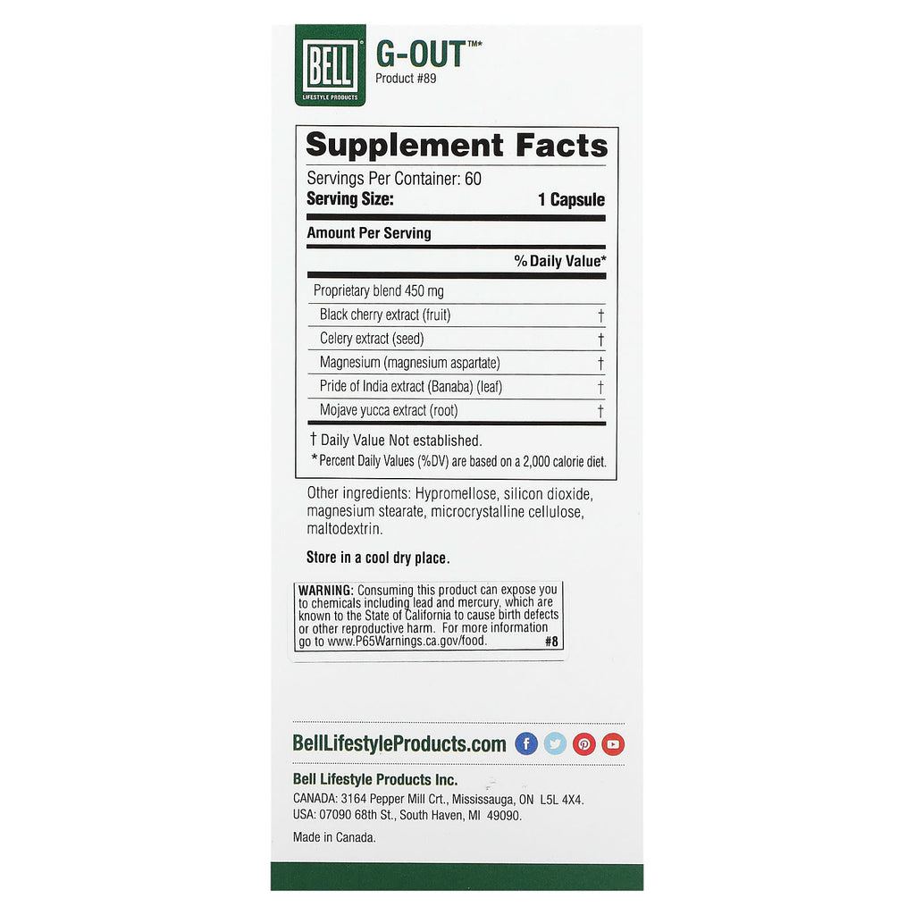 Bell Lifestyle, G-Out, Uric Acid Control, 60 Veggie Capsules