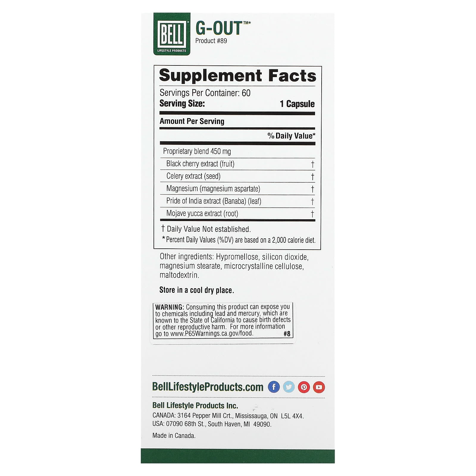 Bell Lifestyle, G-Out, Uric Acid Control, 60 Veggie Capsules