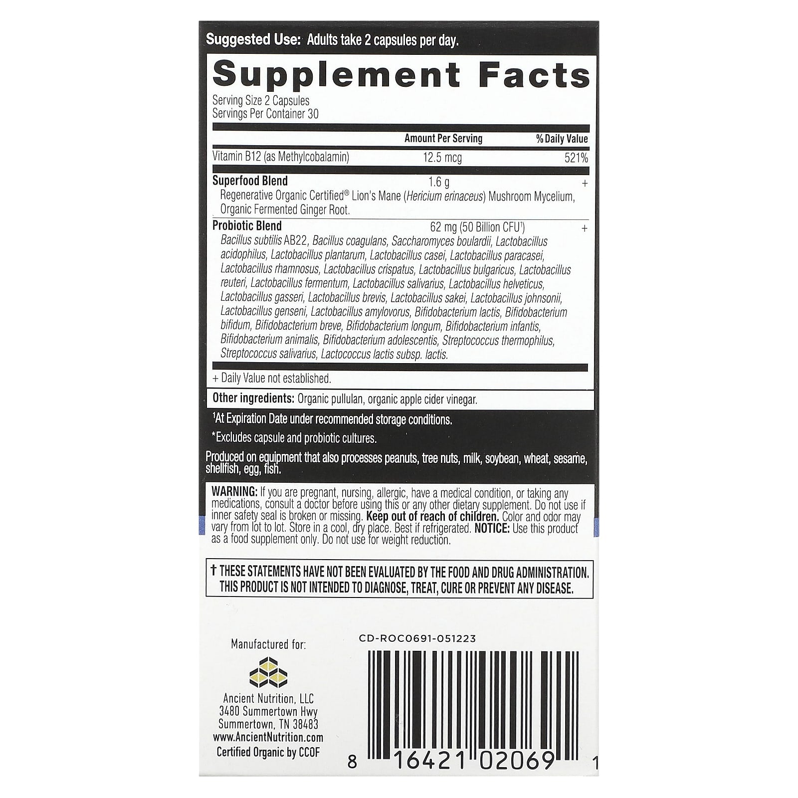 Ancient Nutrition, Probiotics, 25 Billion CFU, 60 Capsules