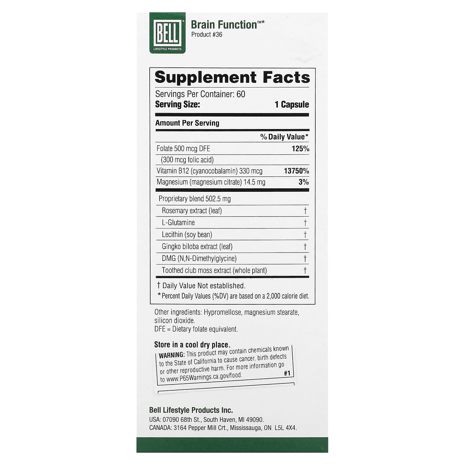 Bell Lifestyle, Brain Function, 60 Veggie Capsules