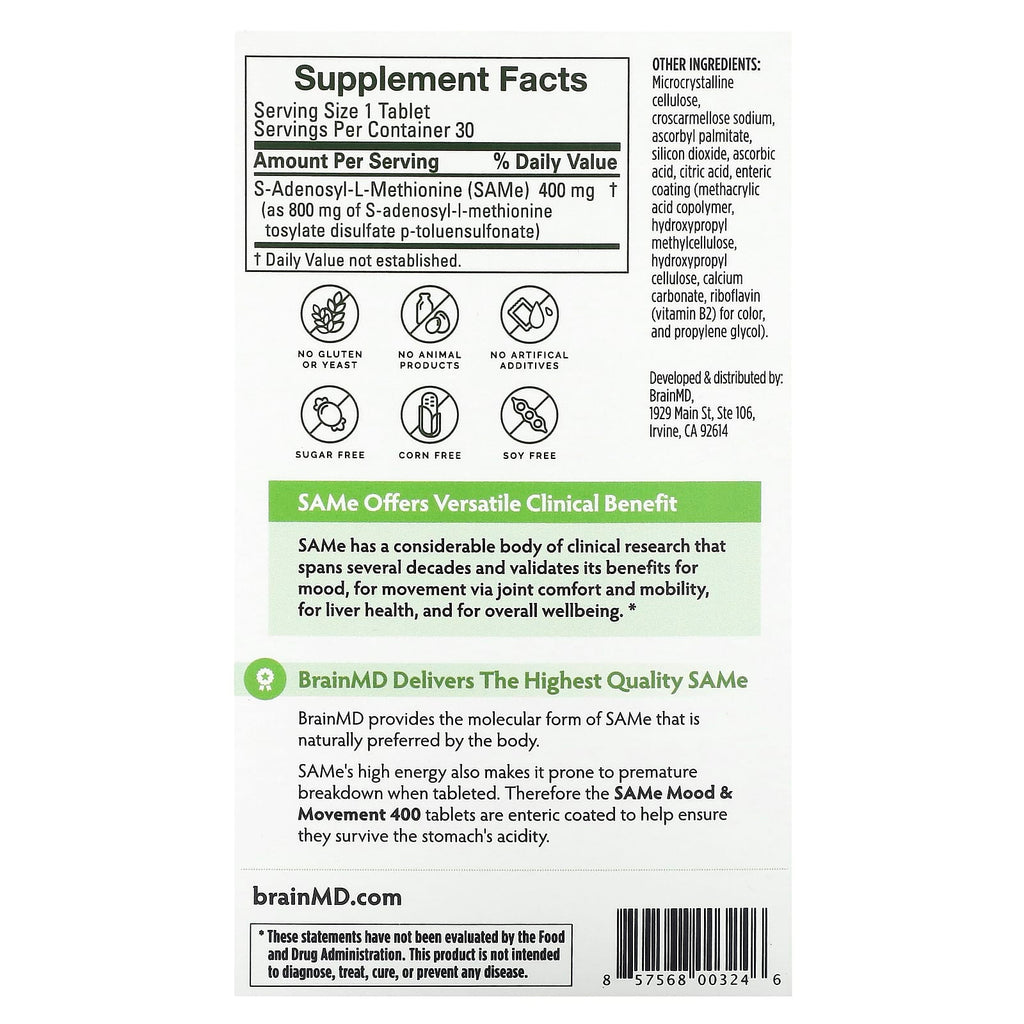 BrainMD, SAMe, Mood & Movement 400, 400 mg, 30 Enteric Coated Tablets