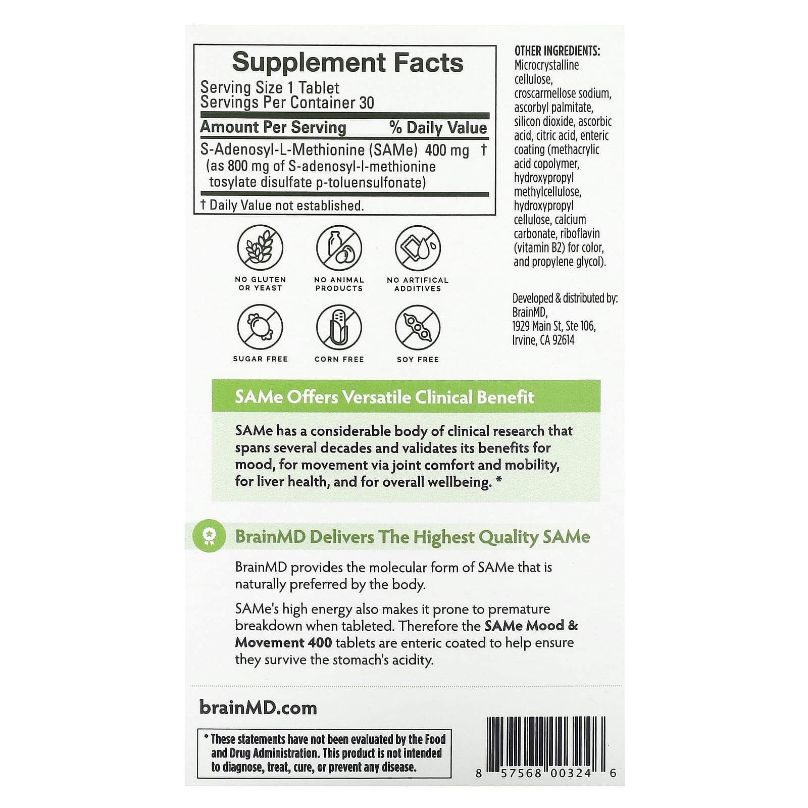 BrainMD, SAMe, Mood & Movement 400, 400 mg, 30 Enteric Coated Tablets