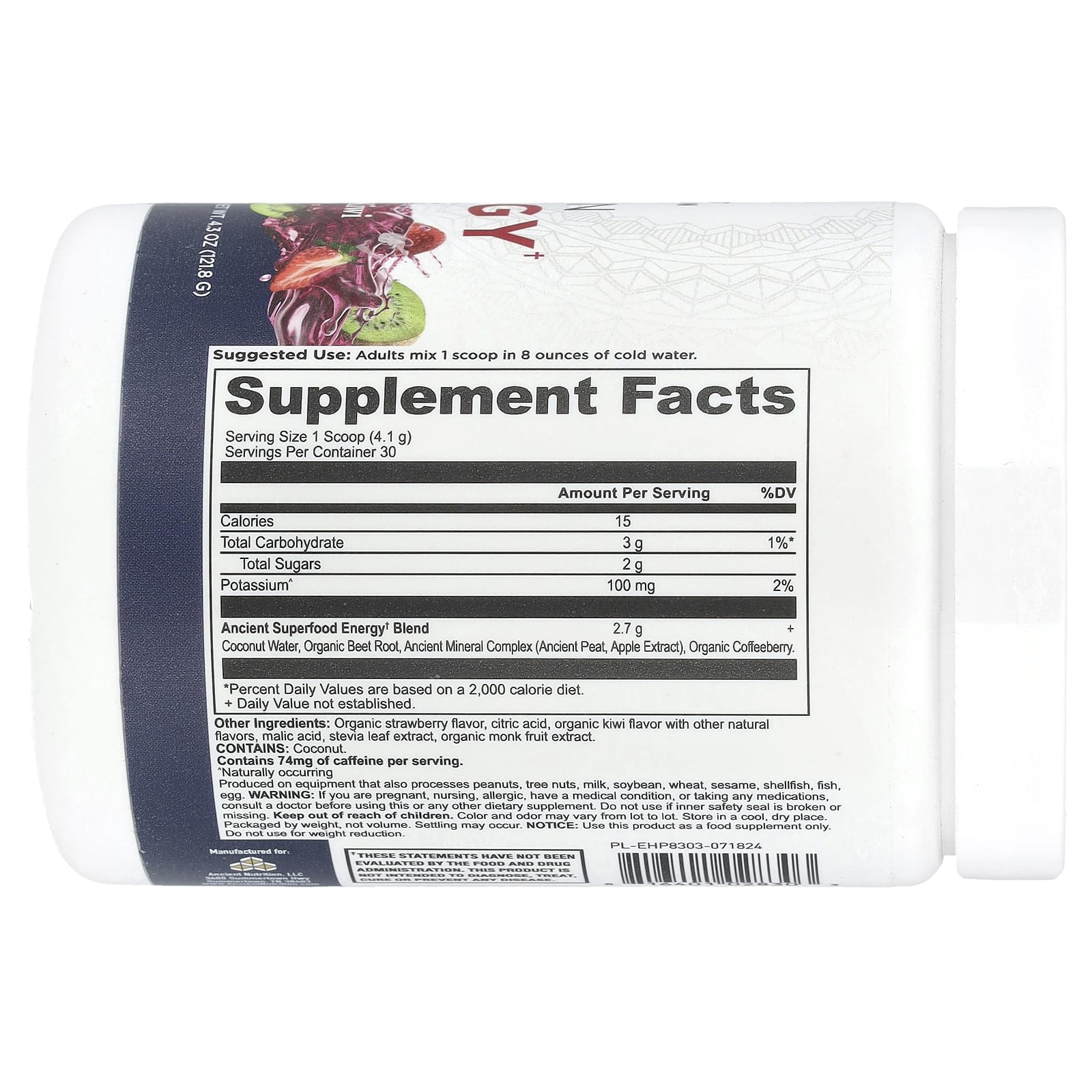 Ancient Nutrition, Clean Energy, Strawberry Kiwi, 4.3 oz (121.8 g)