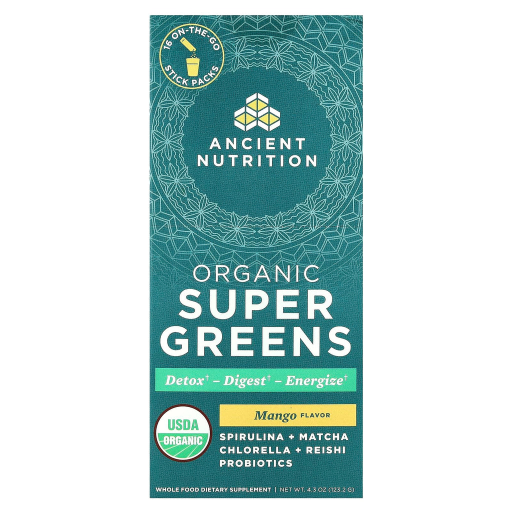 Ancient Nutrition, Organic Super Greens, Mango, 16 On-The-Go Stick Packs, 0.3 oz (7.7 g) Each