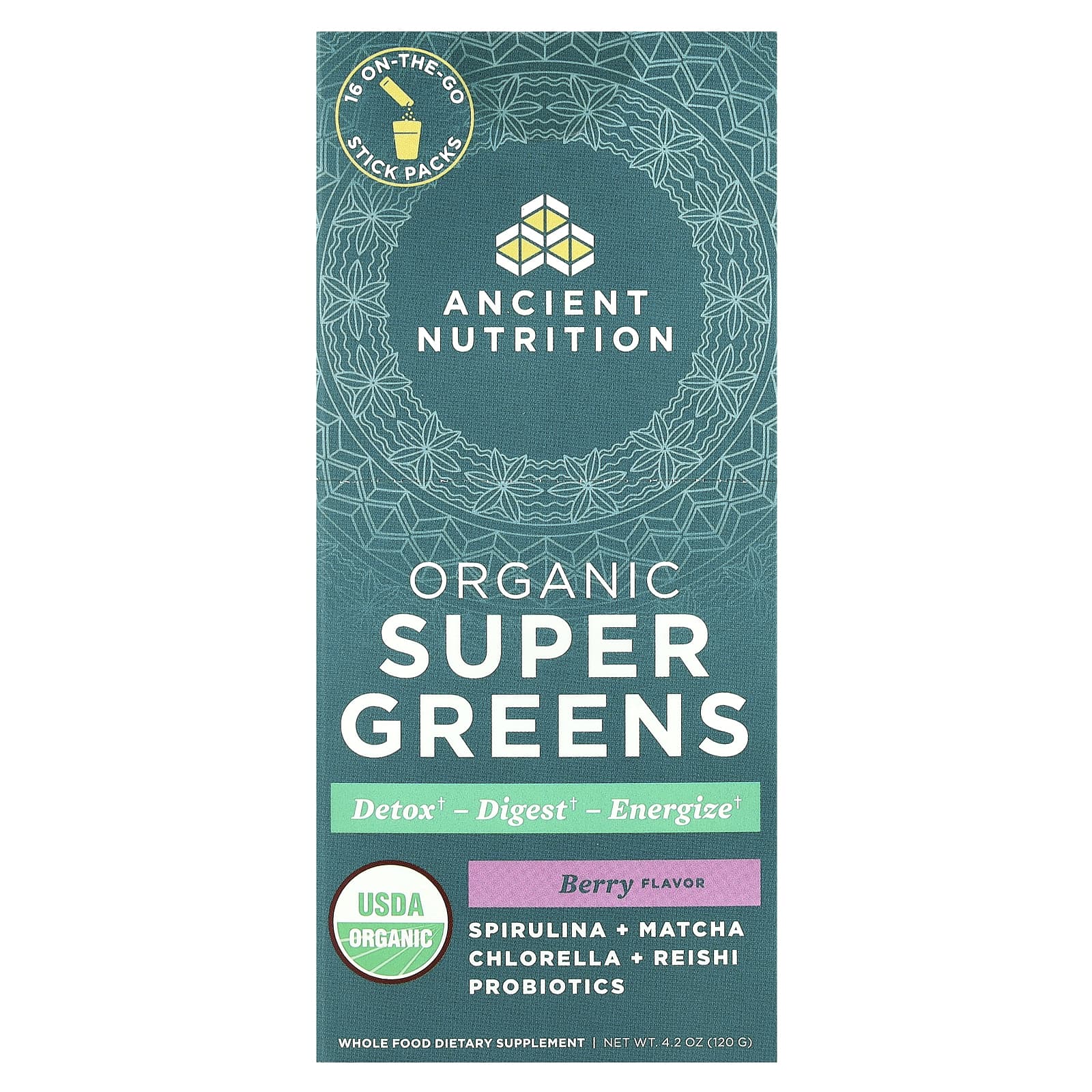 Ancient Nutrition, Organic Super Greens, Berry, 16 On-The-Go Stick Packs, 0.3 oz (7.5 g) Each
