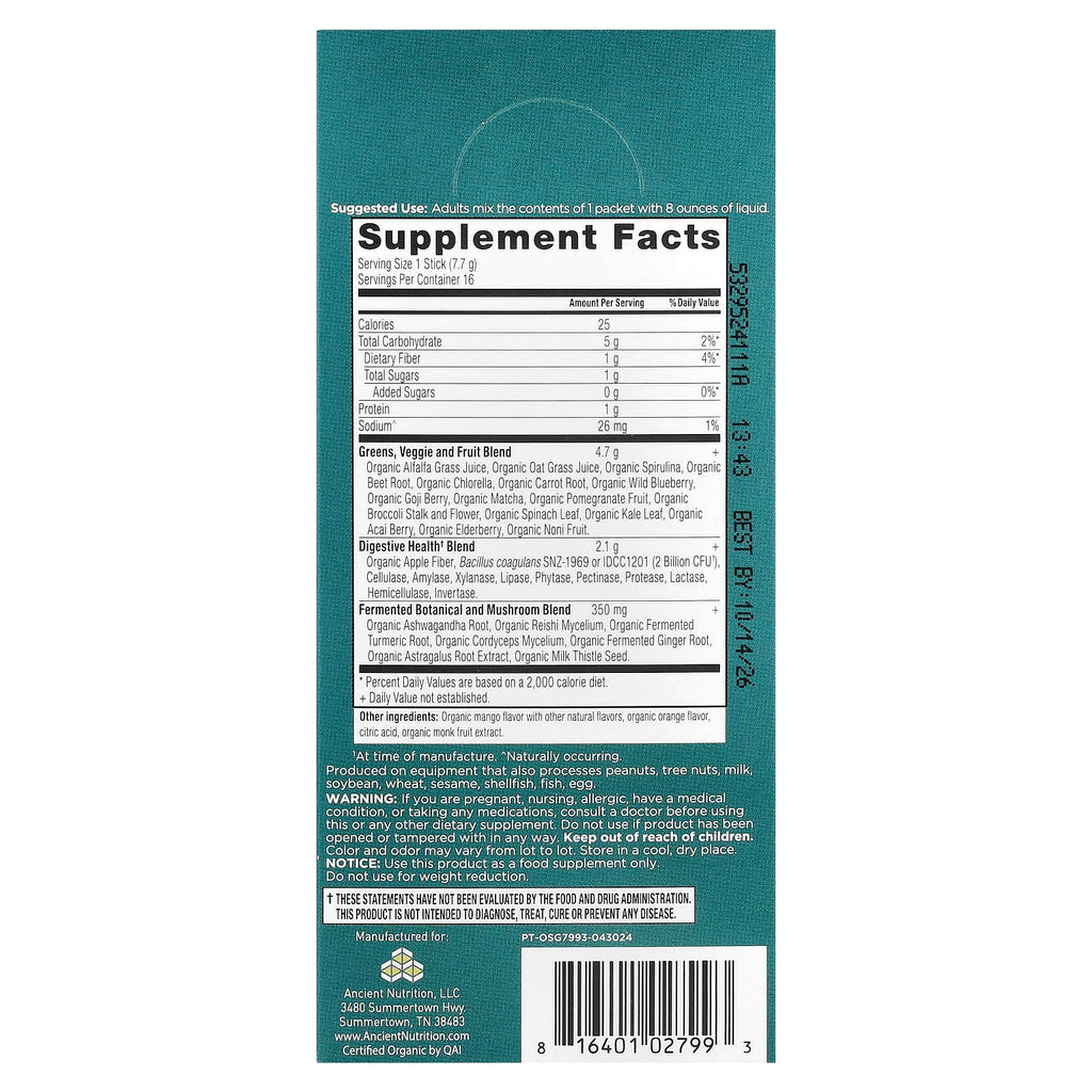 Ancient Nutrition, Organic Super Greens, Mango, 16 On-The-Go Stick Packs, 0.3 oz (7.7 g) Each