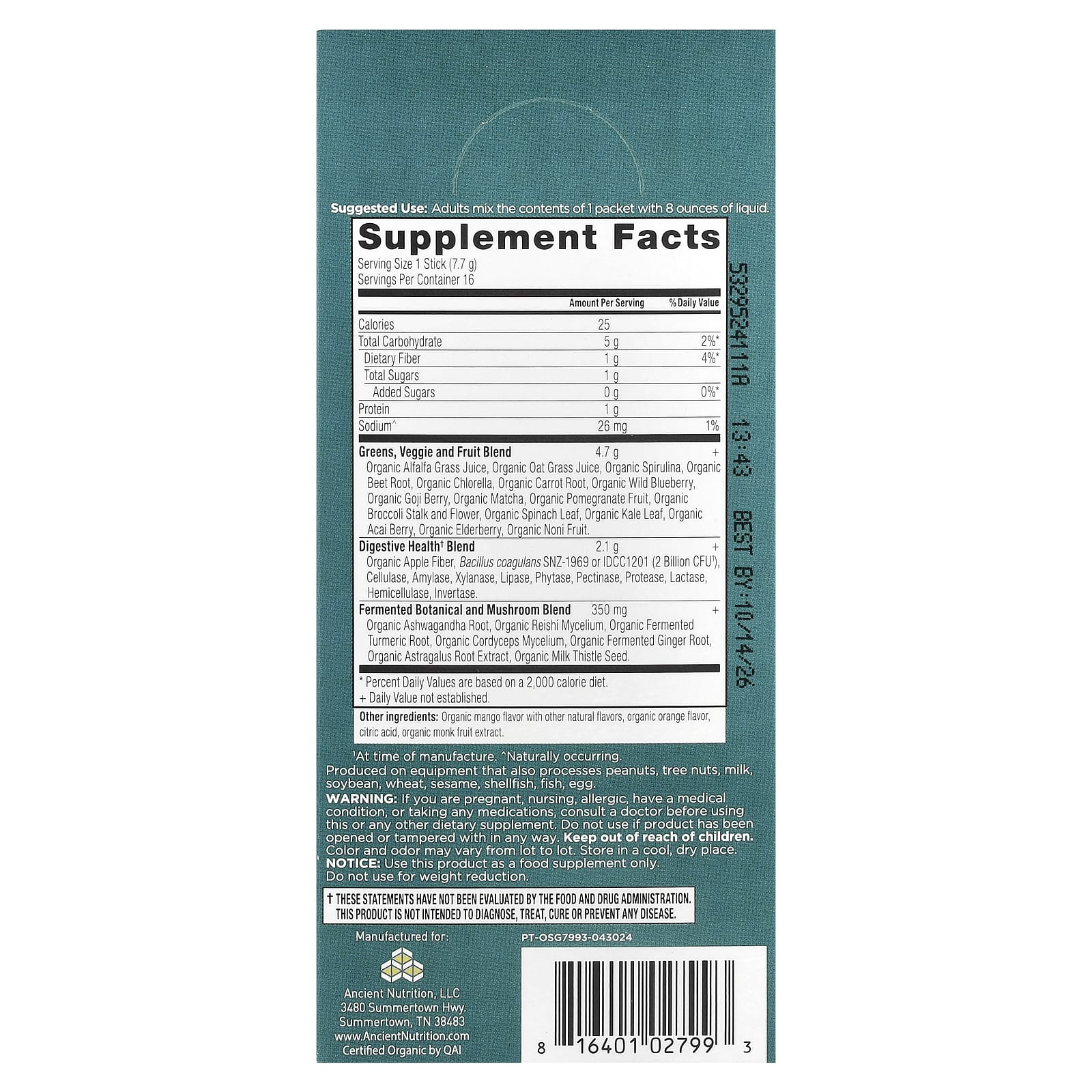 Ancient Nutrition, Organic Super Greens, Mango, 16 On-The-Go Stick Packs, 0.3 oz (7.7 g) Each