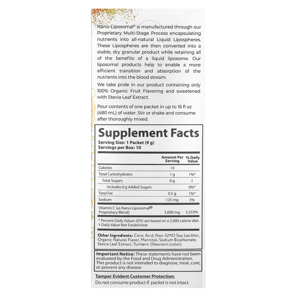 Aurora Nutrascience, Nano-Liposomal®, Vitamin C, Liposomal Drink Mix, 10 Packets, 0.32 oz (9 g) Each