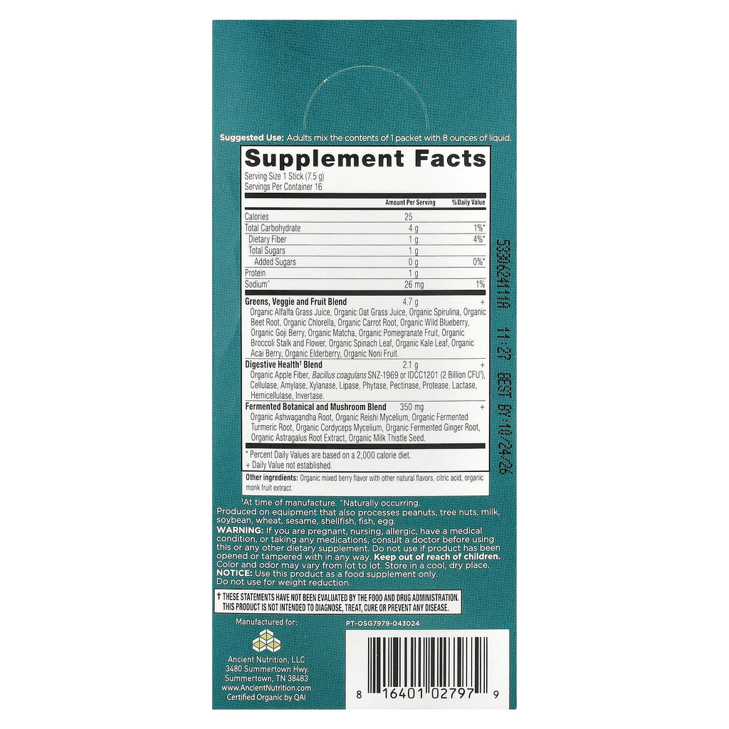 Ancient Nutrition, Organic Super Greens, Berry, 16 On-The-Go Stick Packs, 0.3 oz (7.5 g) Each