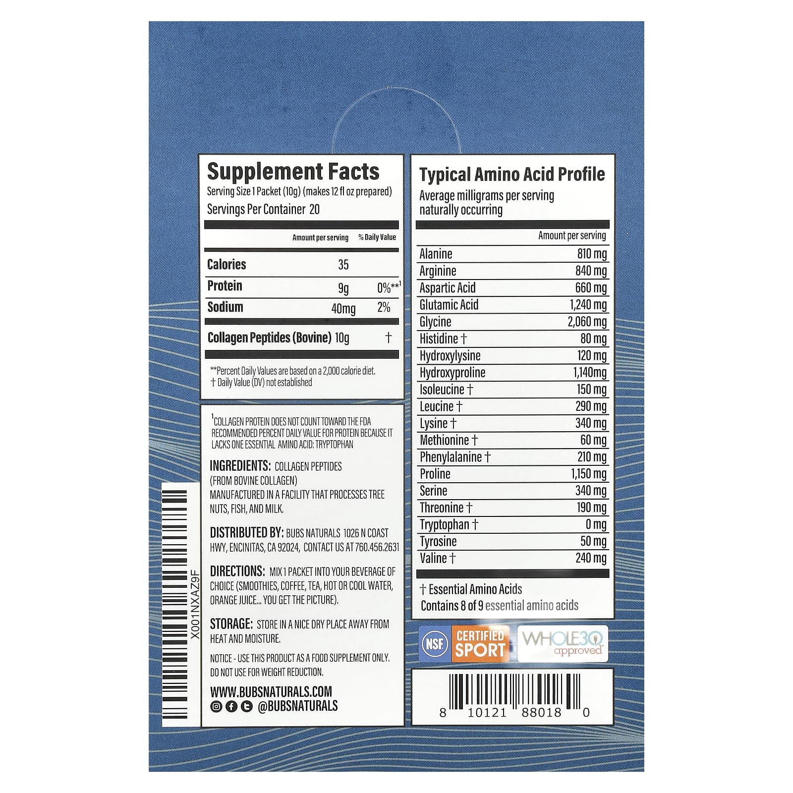 BUBS Naturals, Collagen Peptides, Unflavored, 20 Packets, 0.35 oz (10 g) Each