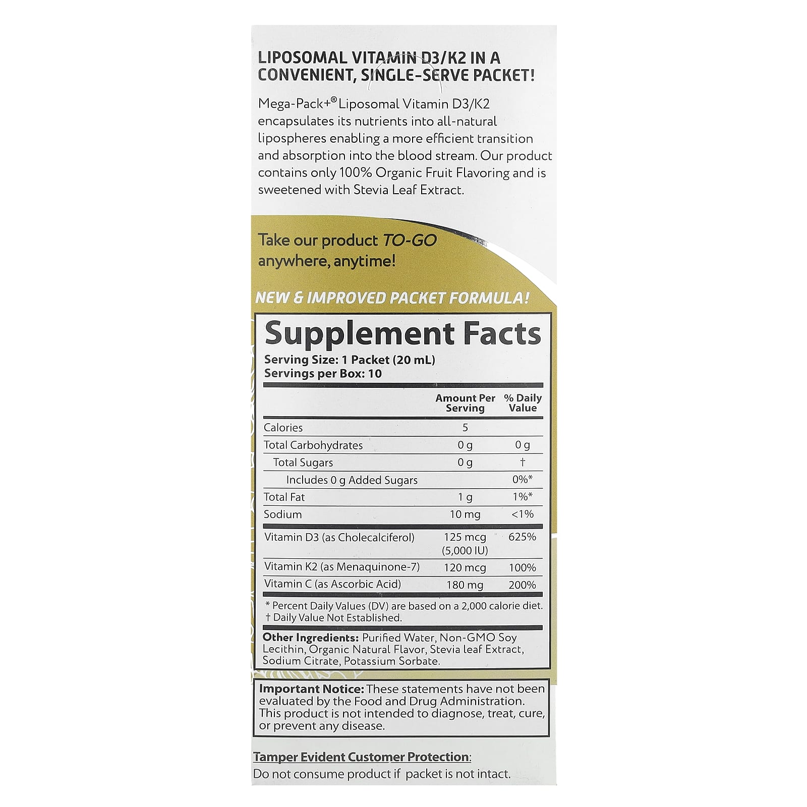 Aurora Nutrascience, Liposomal Vitamin D3/K2, 10 Packets, 0.68 fl oz (20 ml) Each