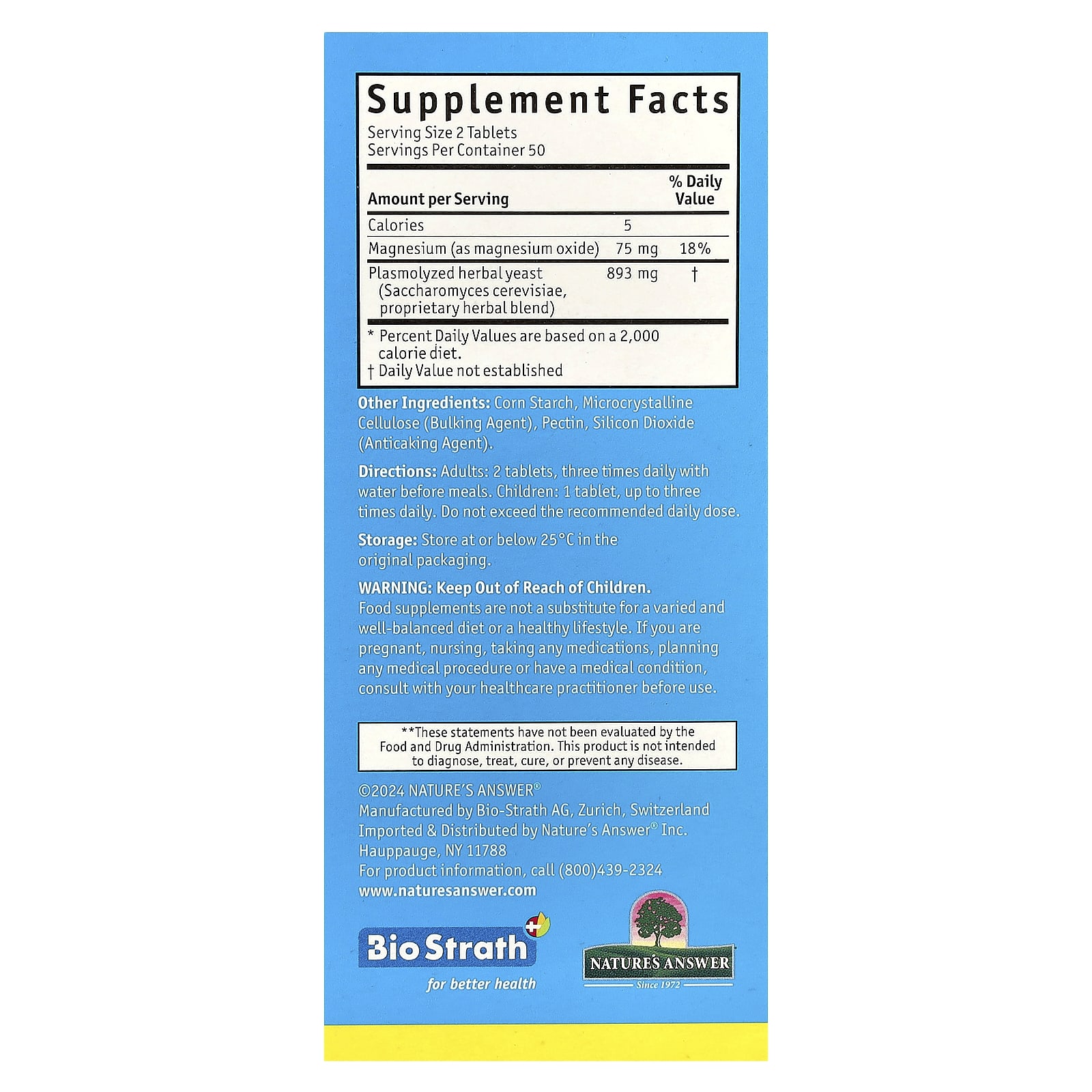 Bio-Strath, Fermented Herbal Yeast Postbiotic, With Magnesium , 100 Tablets