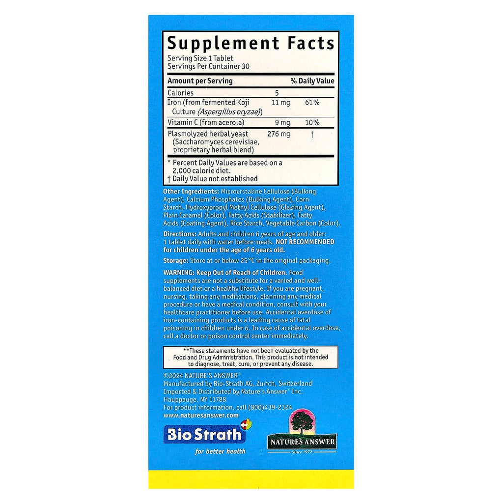 Bio-Strath, Fermented Herbal Yeast Postbiotic, With Koji Mushroom Iron, 30 Tablets