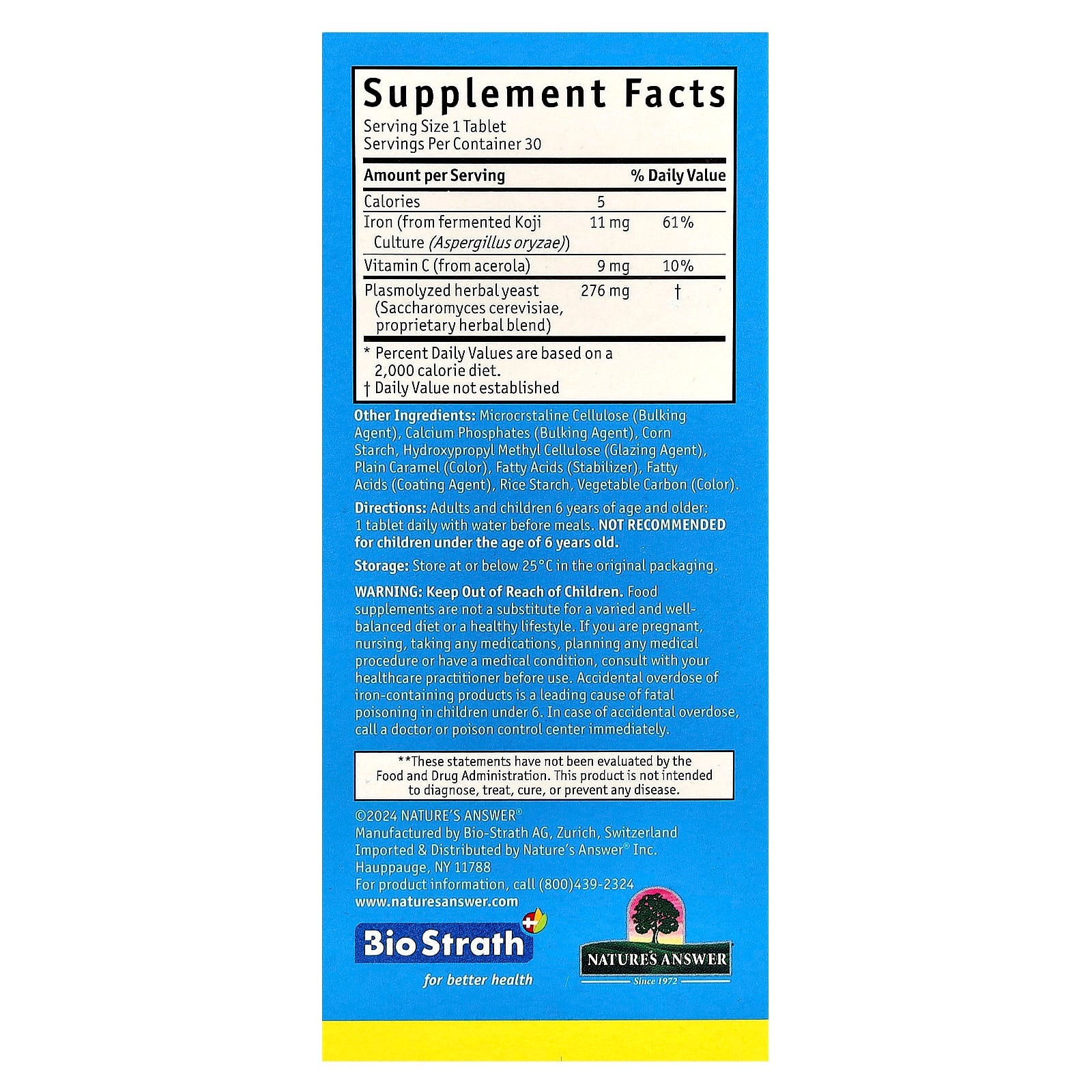 Bio-Strath, Fermented Herbal Yeast Postbiotic, With Koji Mushroom Iron, 30 Tablets