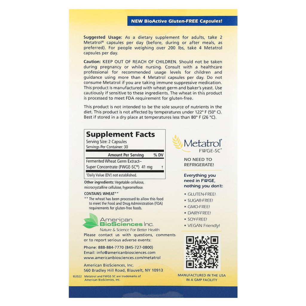 American Biosciences, Metatrol®, Fermented Wheat Germ Extract, 60 Vegetarian Capsules