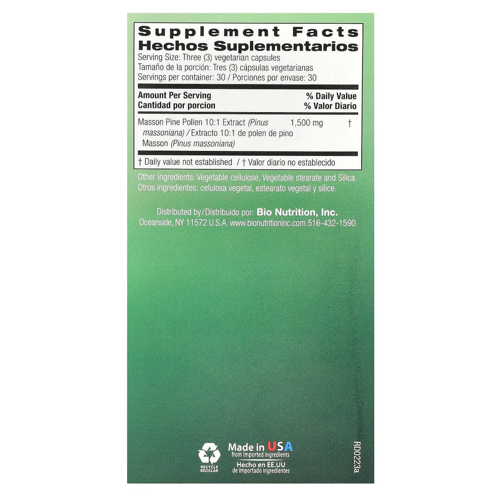 Bio Nutrition, Pine Pollen, 90 Vegetarian Capsules (500 mg per Capsule)