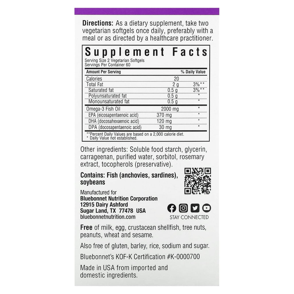 Bluebonnet Nutrition, Omega-3 Kosher Fish Oil, 120 Vegetarian Softgels (1,000 mg per Softgel)