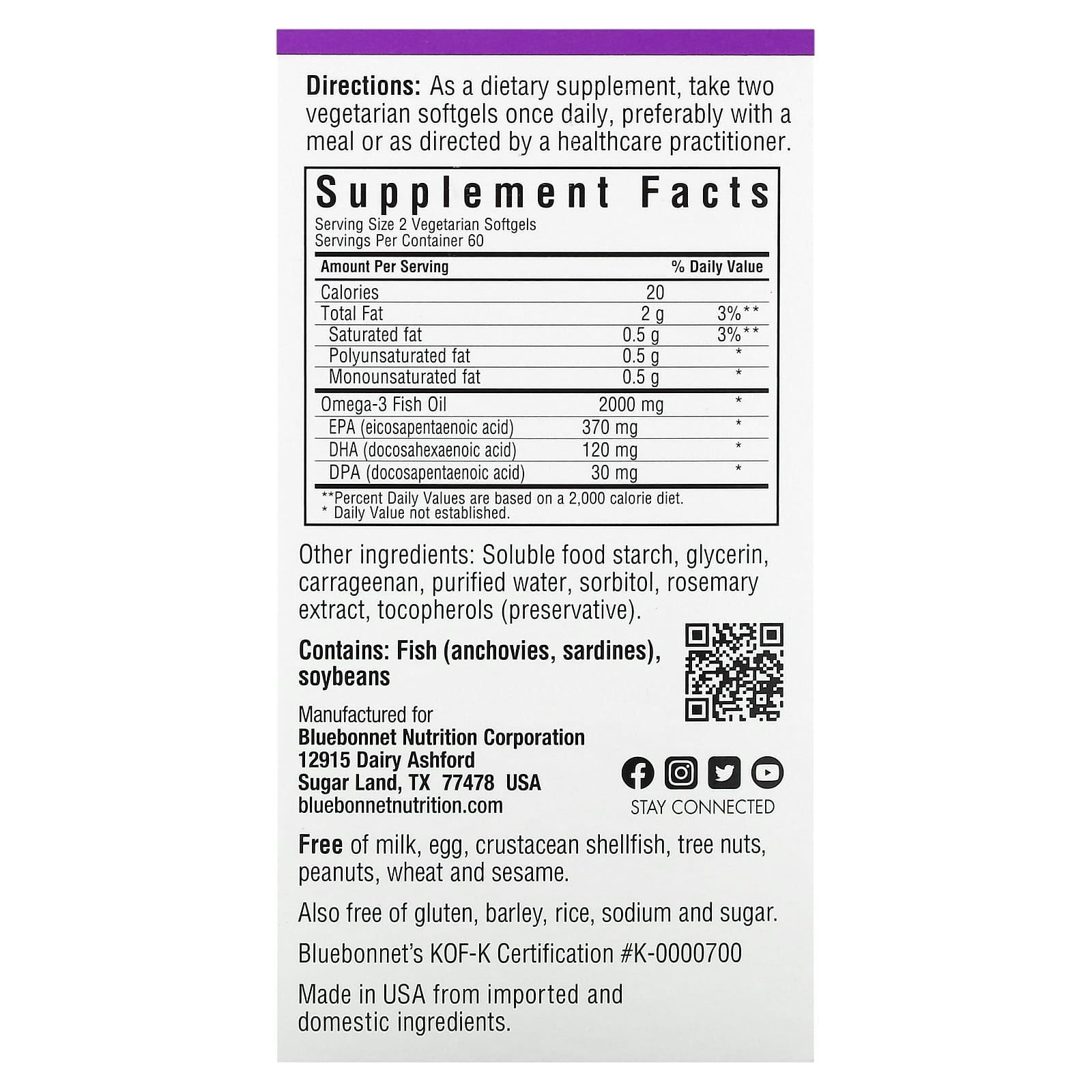 Bluebonnet Nutrition, Omega-3 Kosher Fish Oil, 120 Vegetarian Softgels (1,000 mg per Softgel)