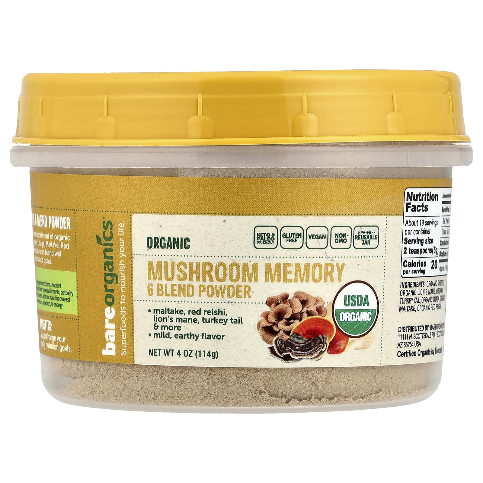 BareOrganics, Organic Mushroom Memory 6 Blend Powder, 4 oz (114 g)