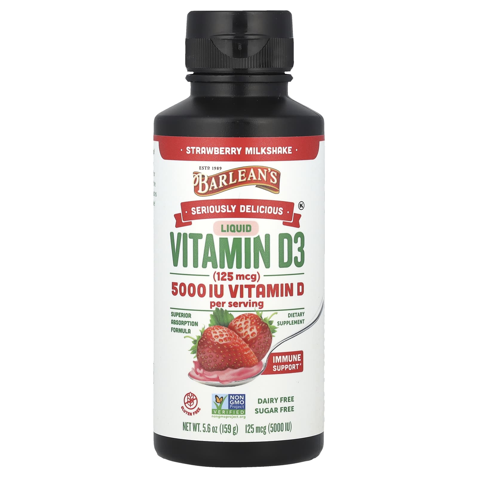 Barlean's, Seriously Delicious, Liquid Vitamin D3, Strawberry Milkshake, 125 mcg (5,000 IU), 5.6 oz (159 g)
