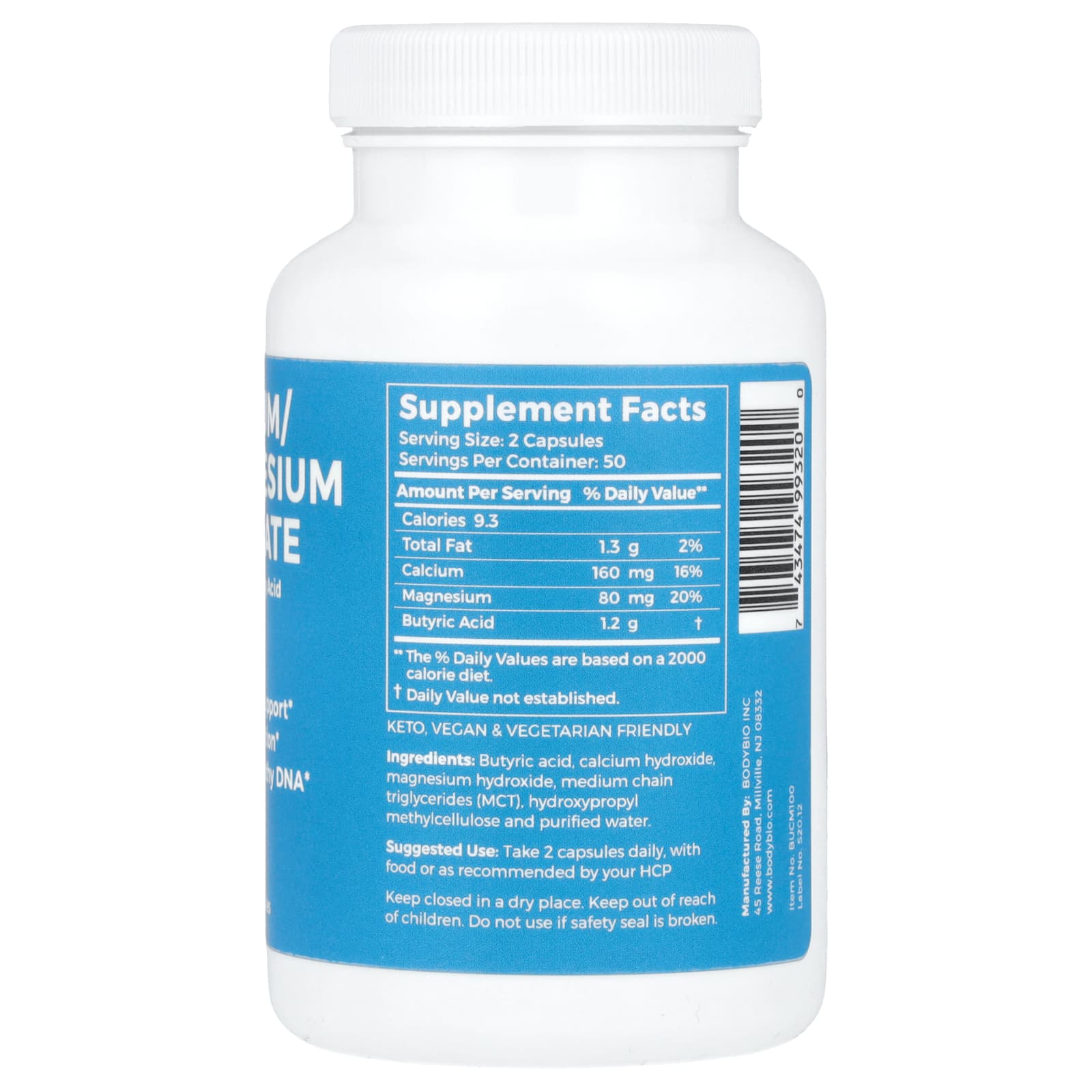 BodyBio, Calcium/ Magnesium Butyrate, 100 Non-GMO Capsules