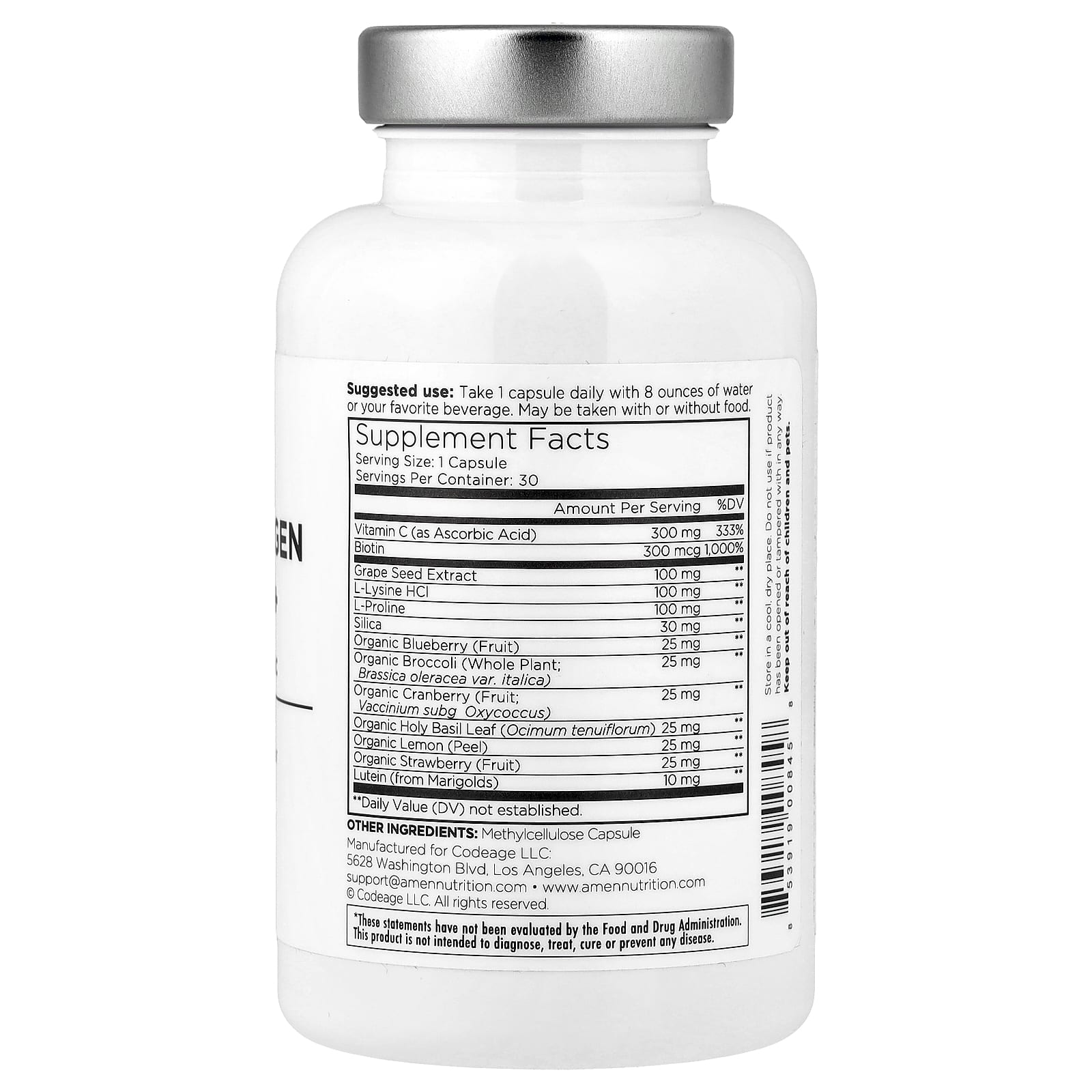 Codeage, Amen, Vegan Collagen Builder+, 30 Vegetable Capsules