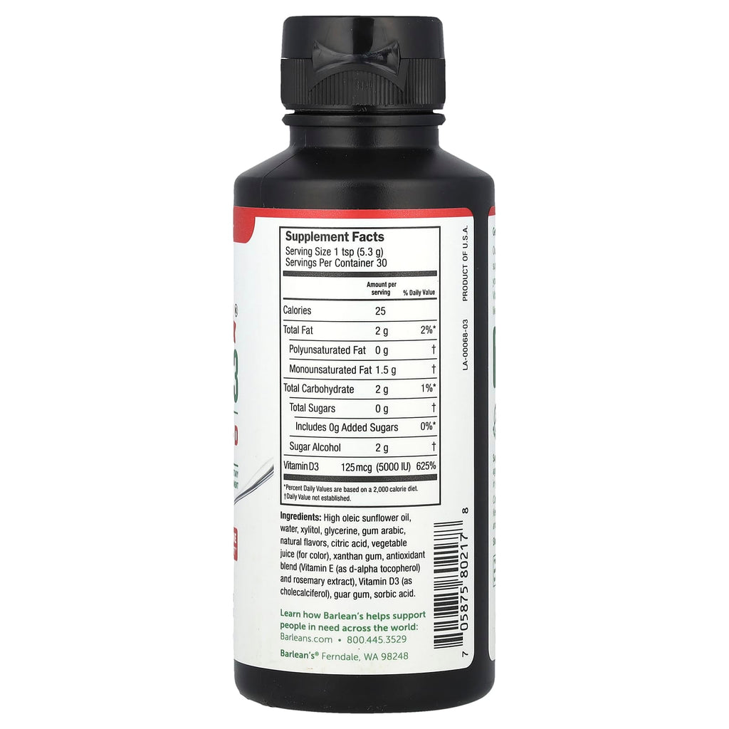 Barlean's, Seriously Delicious, Liquid Vitamin D3, Strawberry Milkshake, 125 mcg (5,000 IU), 5.6 oz (159 g)