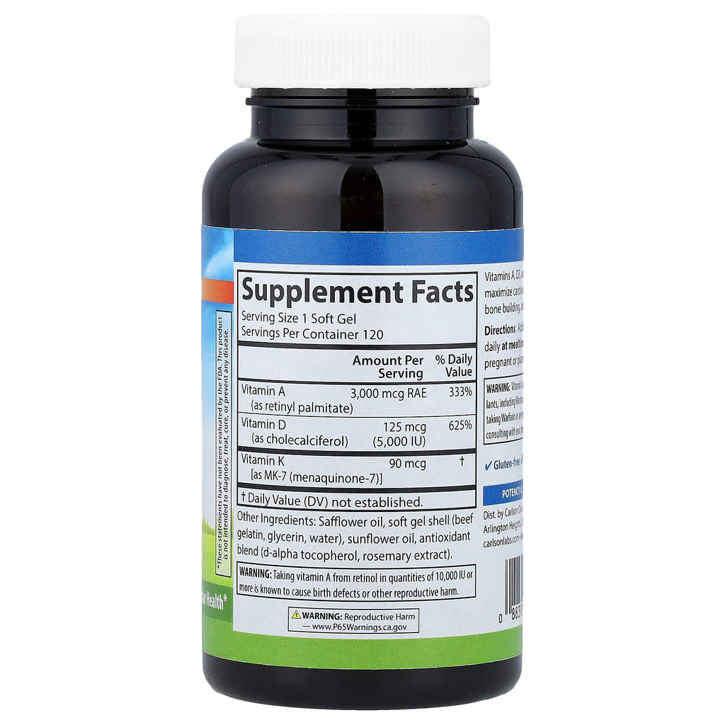 Carlson, Vitamins A, D3, K2, 120 Softgels
