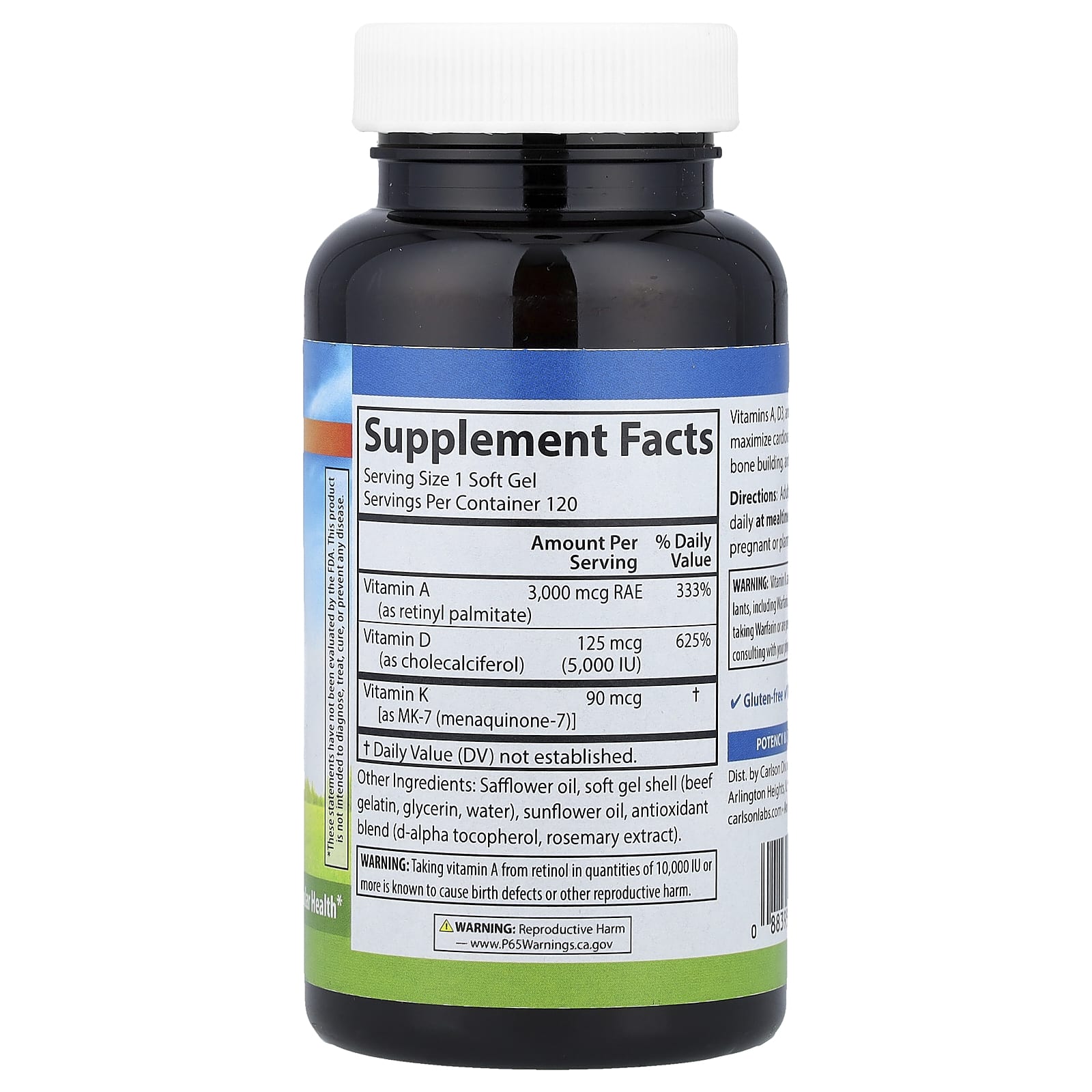 Carlson, Vitamins A, D3, K2, 120 Softgels