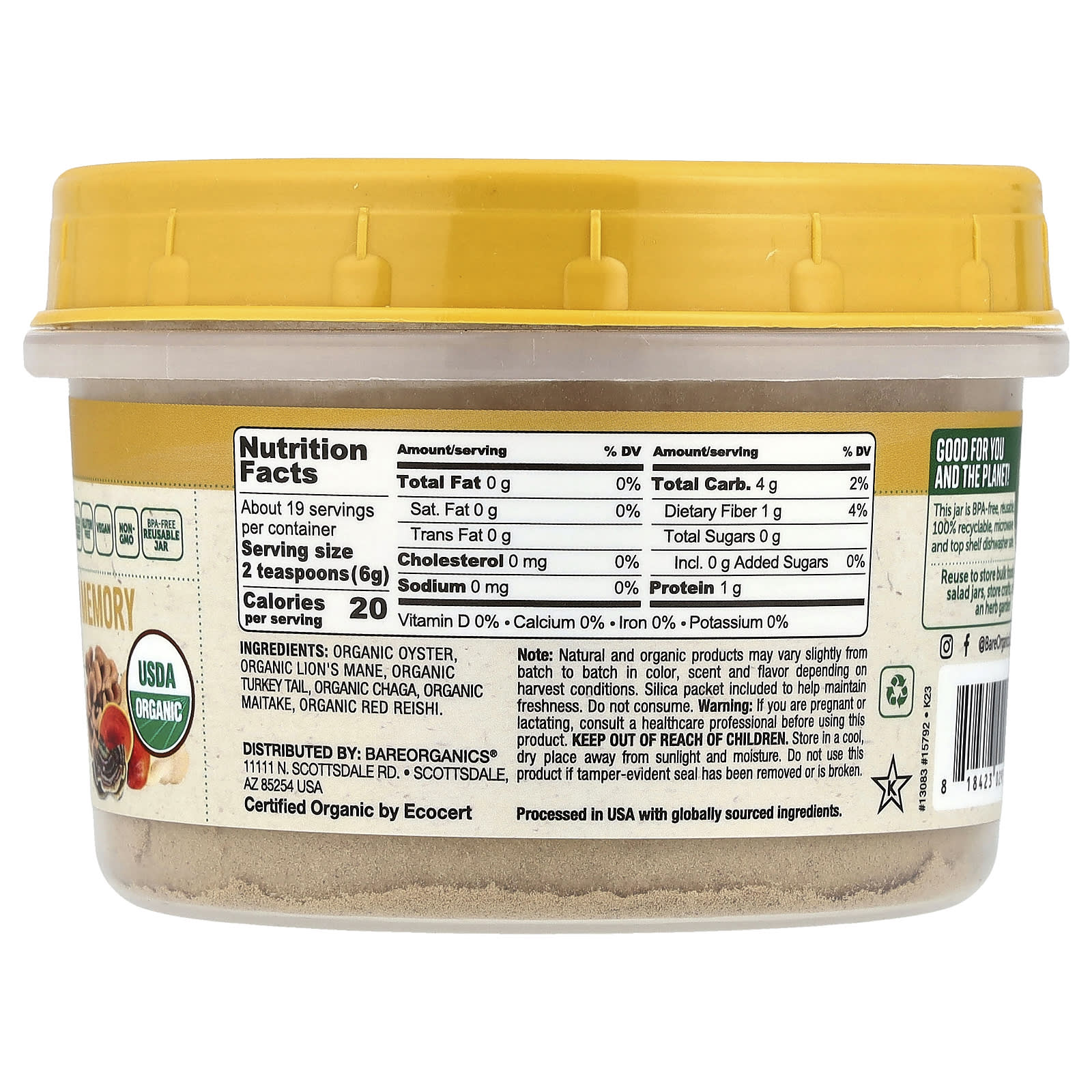 BareOrganics, Organic Mushroom Memory 6 Blend Powder, 4 oz (114 g)