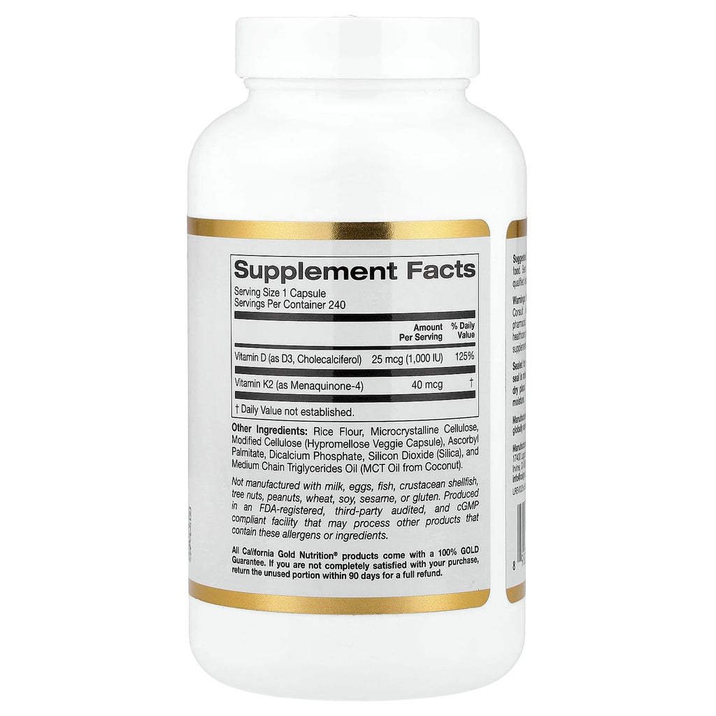 California Gold Nutrition, Vitamin D3 + K2, 240 Veggie Capsules