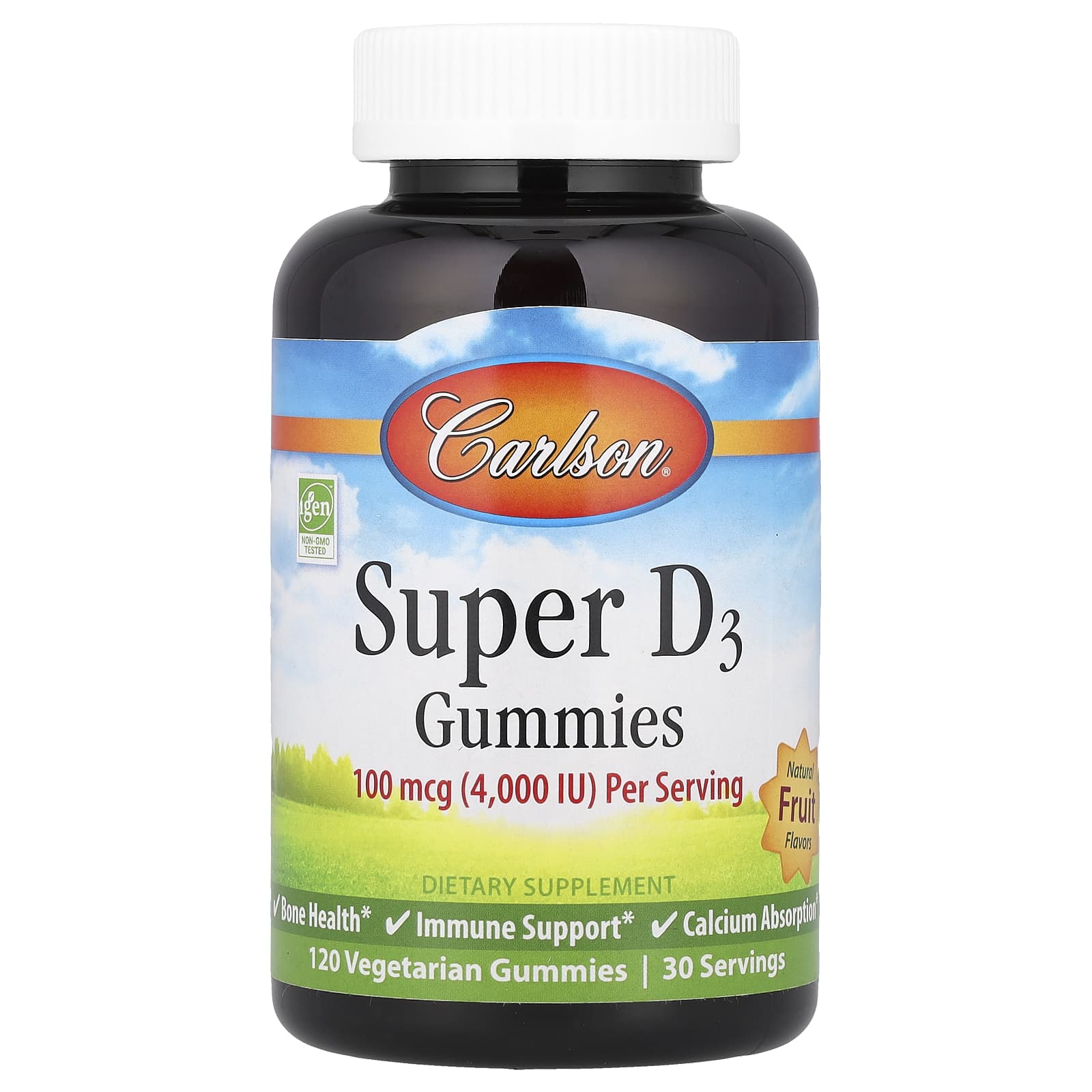 Carlson, Super D3 Gummies, Natural Fruit, 120 Vegetarian Gummies (25 mcg (1,000 IU) per Gummy)
