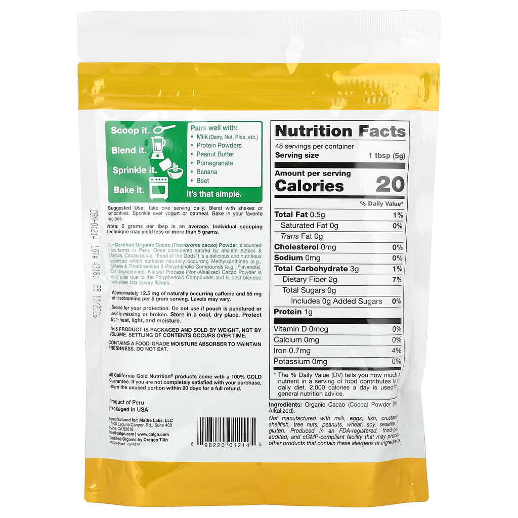 California Gold Nutrition, Superfoods, Organic Cacao Powder, 8.5 oz (240 g)