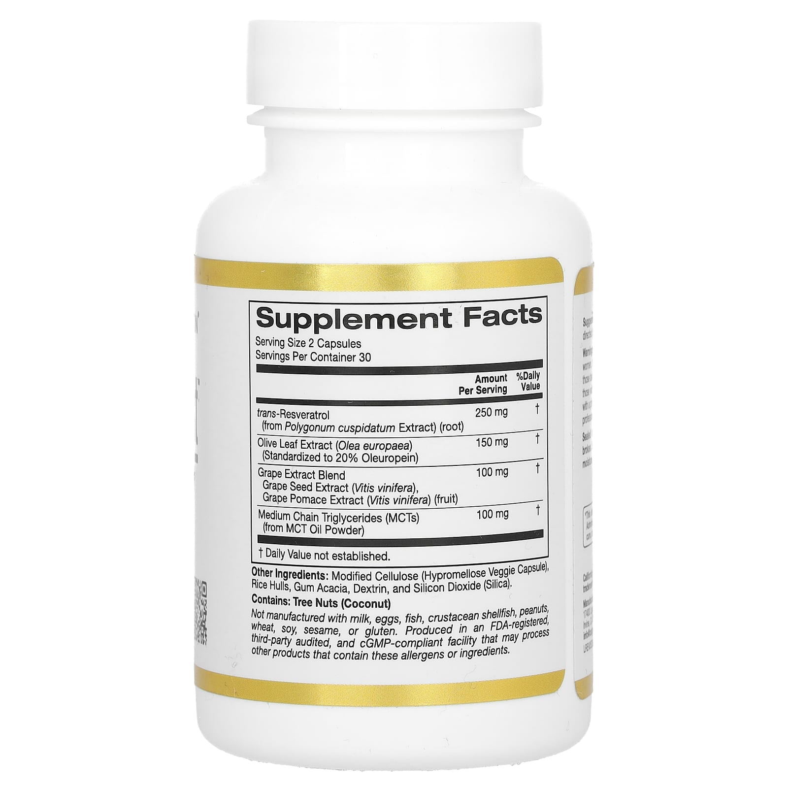 California Gold Nutrition, Longevity Boost with trans-Resveratrol, Olive Leaf Extract, Grape Extract Blend and Medium Chain Triglycerides, 60 Veggie Capsules