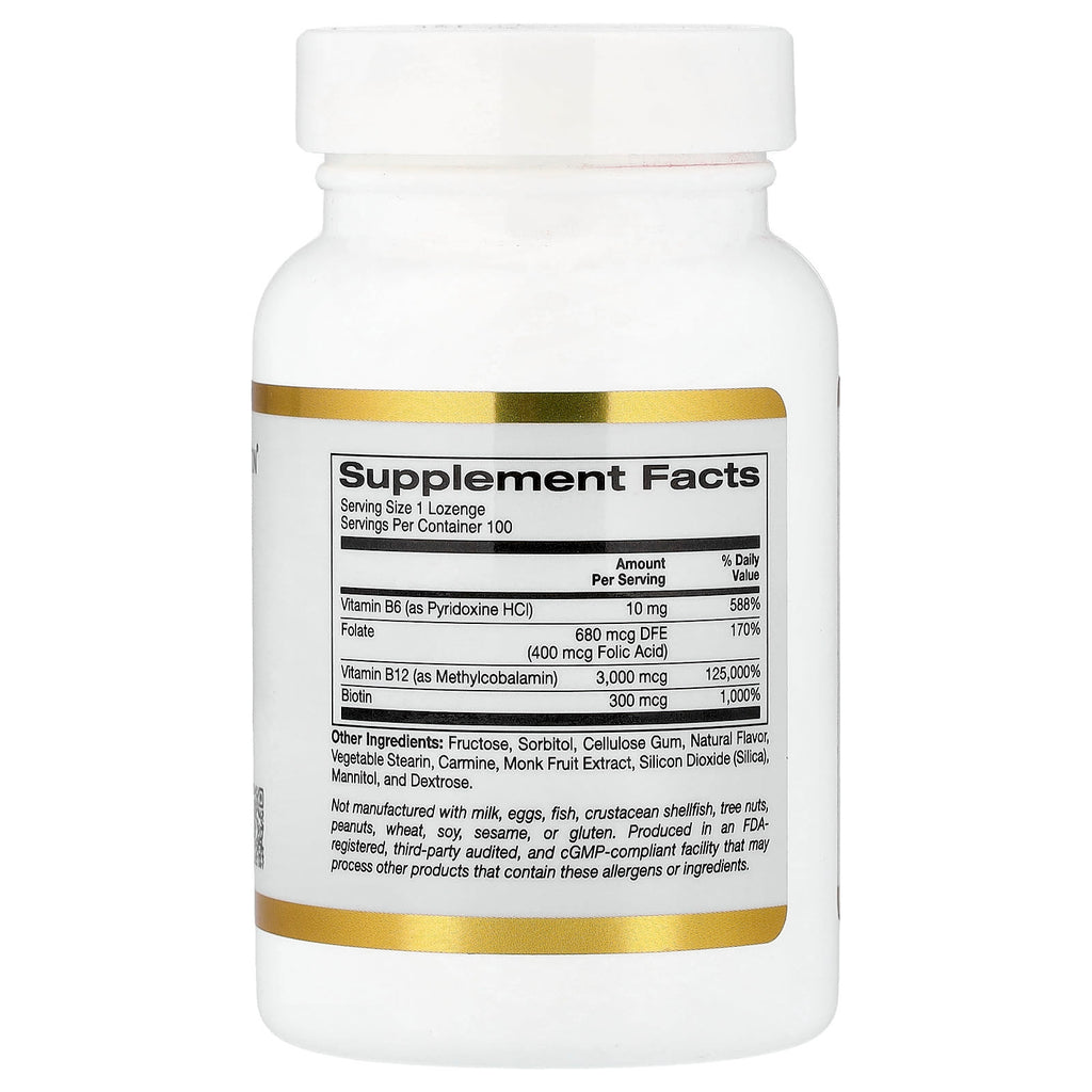 California Gold Nutrition, Vitamin B12 as Methylcobalamin with Folate, Biotin and Vitamin B6, Cherry, 100 Lozenges