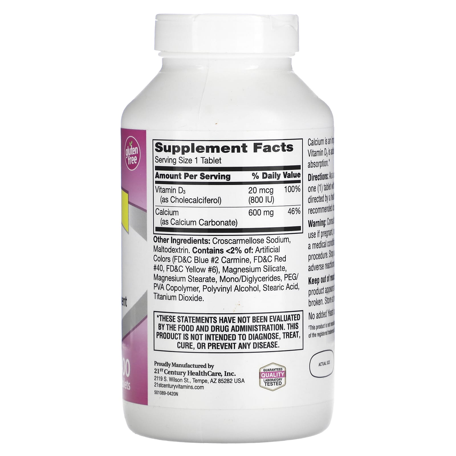 21st Century, 600+D3, Calcium & Vitamin D3 Supplement, 400 Tablets